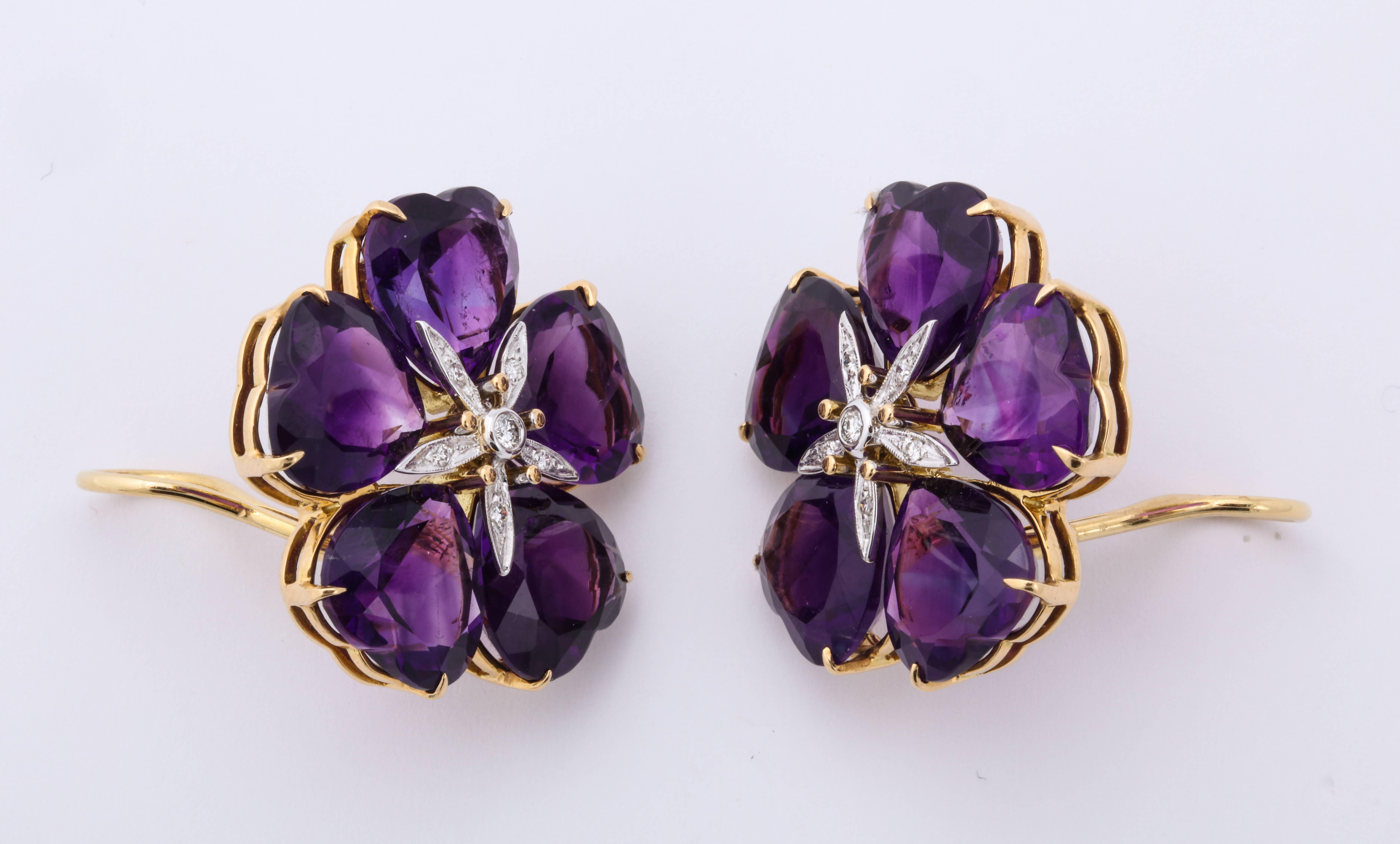 Michael Kanners Amethyst Diamond Gold Flower Earclips In New Condition In Bal Harbour, FL