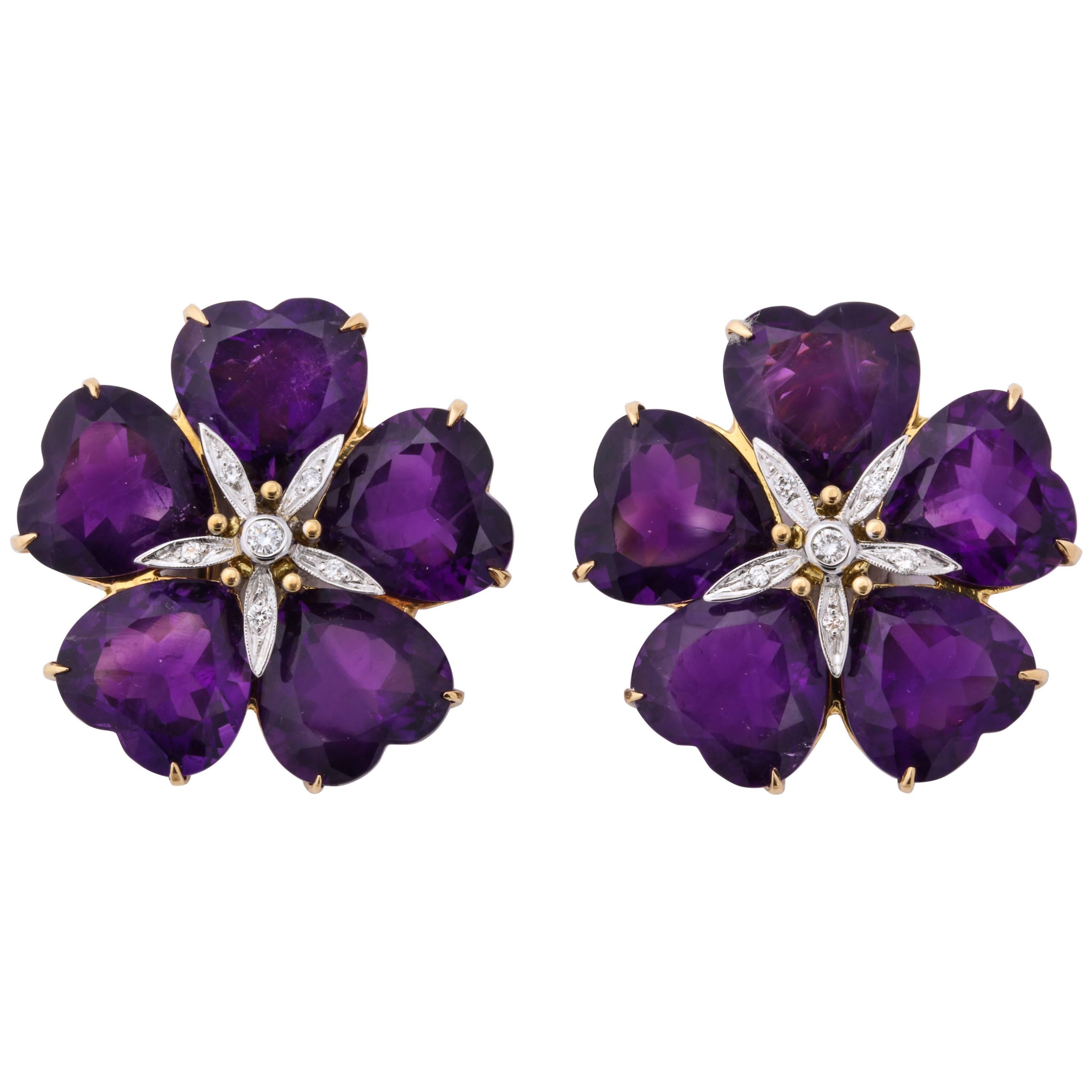 Michael Kanners Amethyst Diamond Gold Flower Earclips