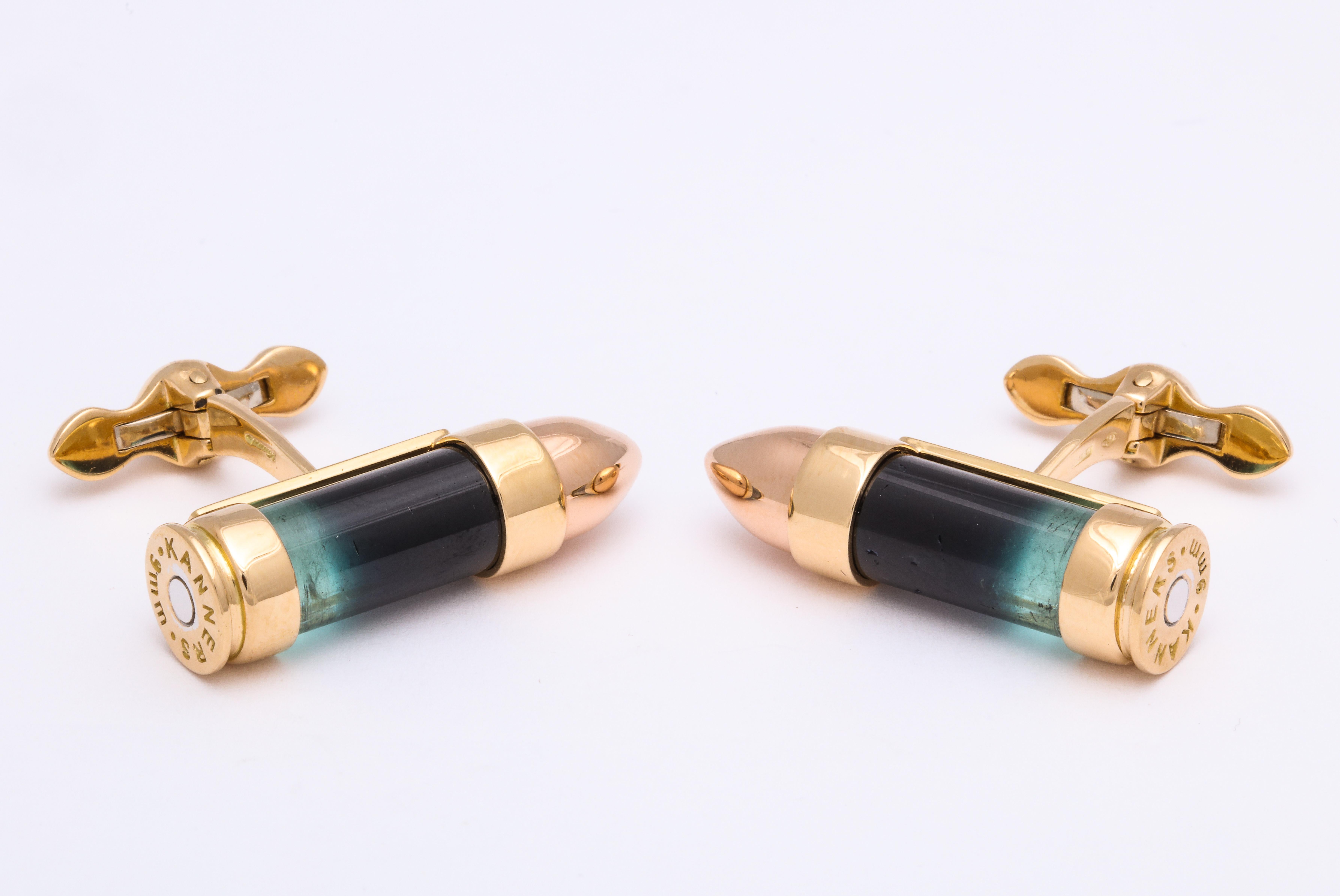 Tumbled Michael Kanners Bi-Color Tourmaline Gold Bullet Cufflinks For Sale