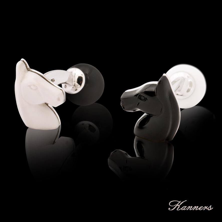 In the game of chess the knight moves in the most unique way and is represented by a horse.  In the sporting world the elite equestrian disciplines feature the  most beautiful horses in the world.  These unique cufflinks do justice to both of the
