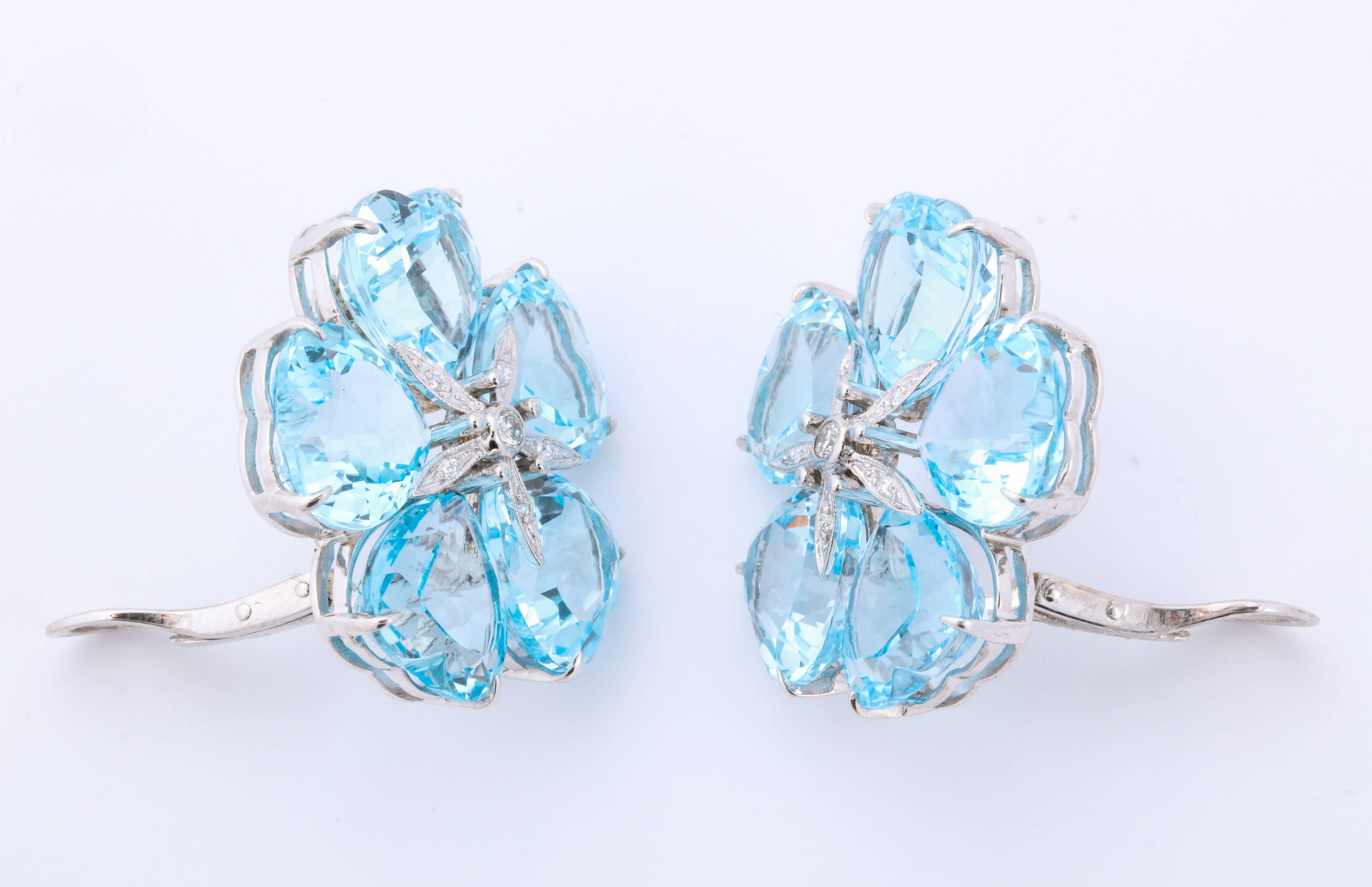 Heart Cut Michael Kanners Bright Blue Topaz Diamond Gold Flower Earclips