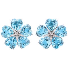 Michael Kanners Bright Blue Topaz Diamond Gold Flower Earclips