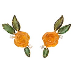Michael Kanners Carved Citrine Tourmaline and Diamond Flower Earrings