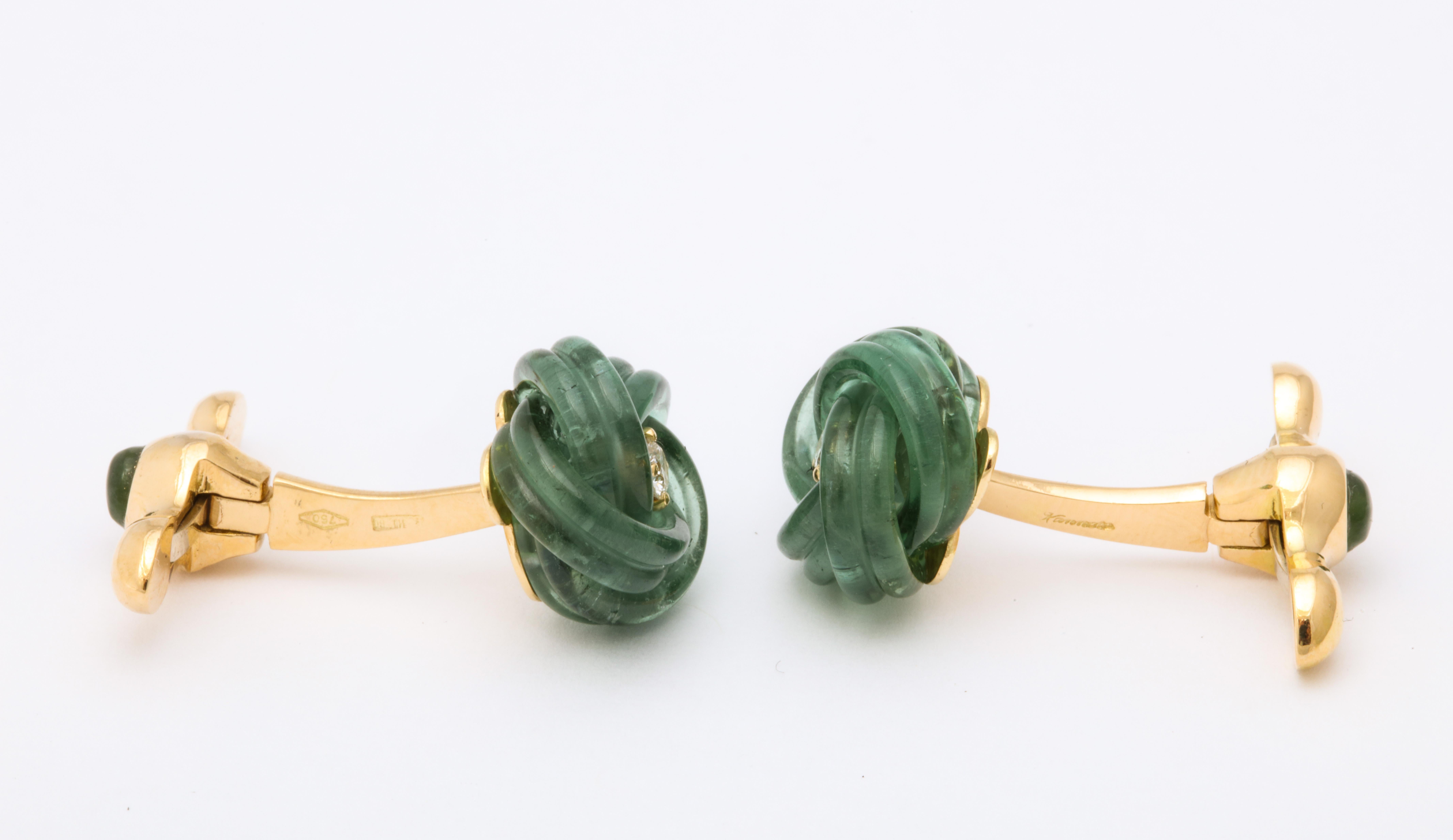Michael Kanners Carved Green Tourmaline Diamond Magic Knot Cufflinks In New Condition In Bal Harbour, FL