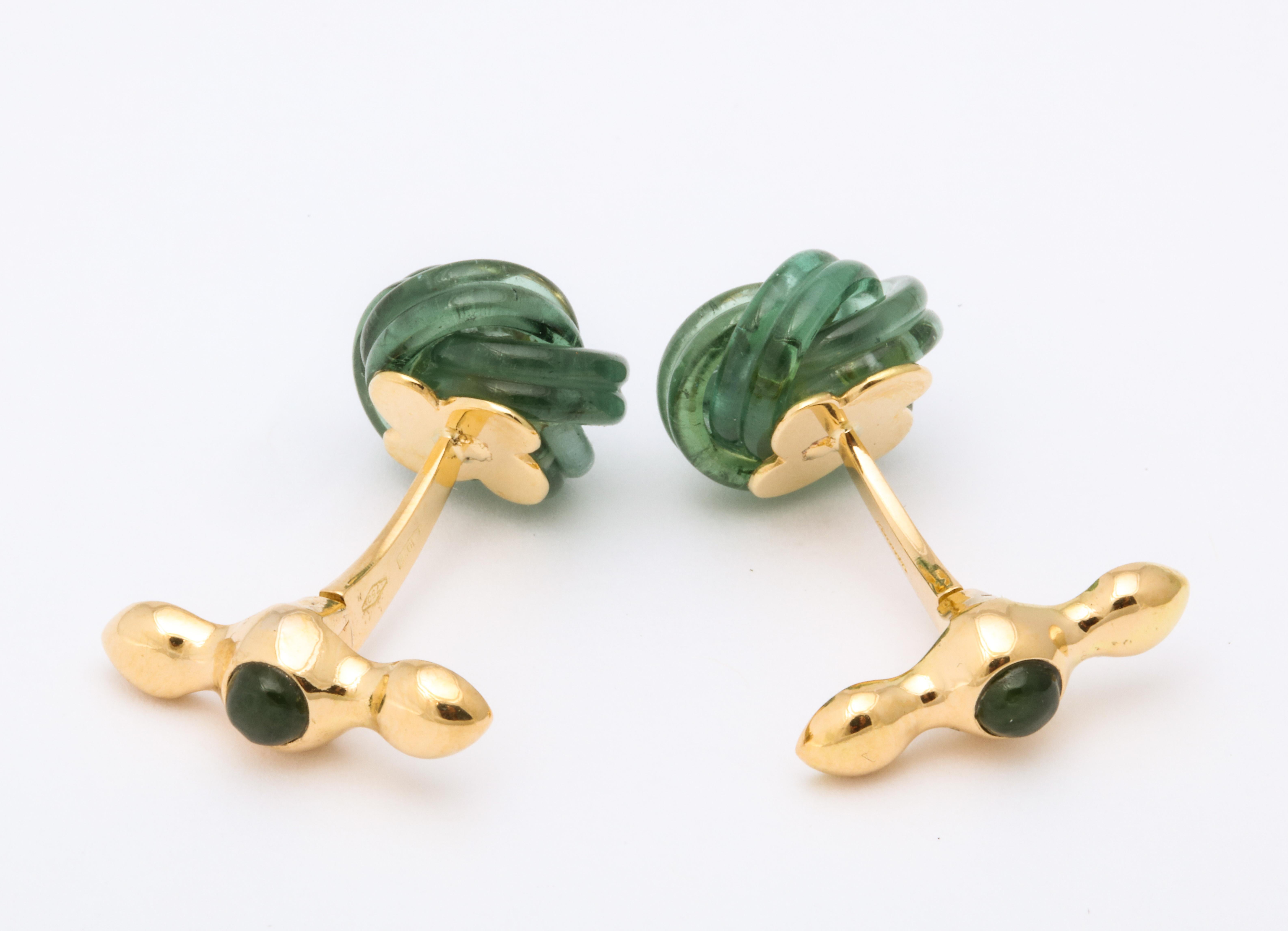 Women's or Men's Michael Kanners Carved Green Tourmaline Diamond Magic Knot Cufflinks