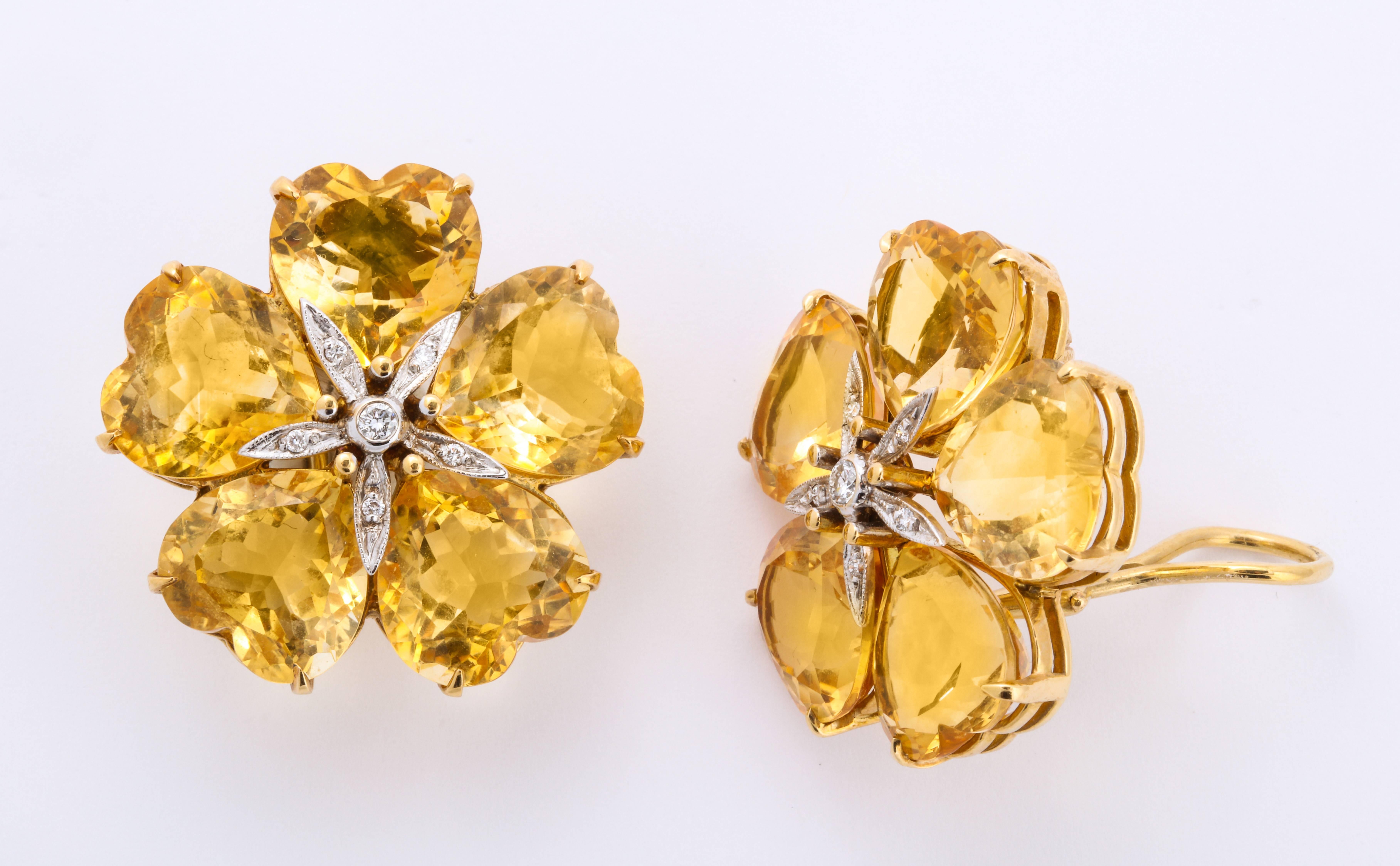 Rich cognac colored heart shaped citrines are carefully configured around a diamond center to form a beautiful flower.  Just large enough to make the right impact, without being too heavy, these wonderful earclips are easily wearable- daytime or