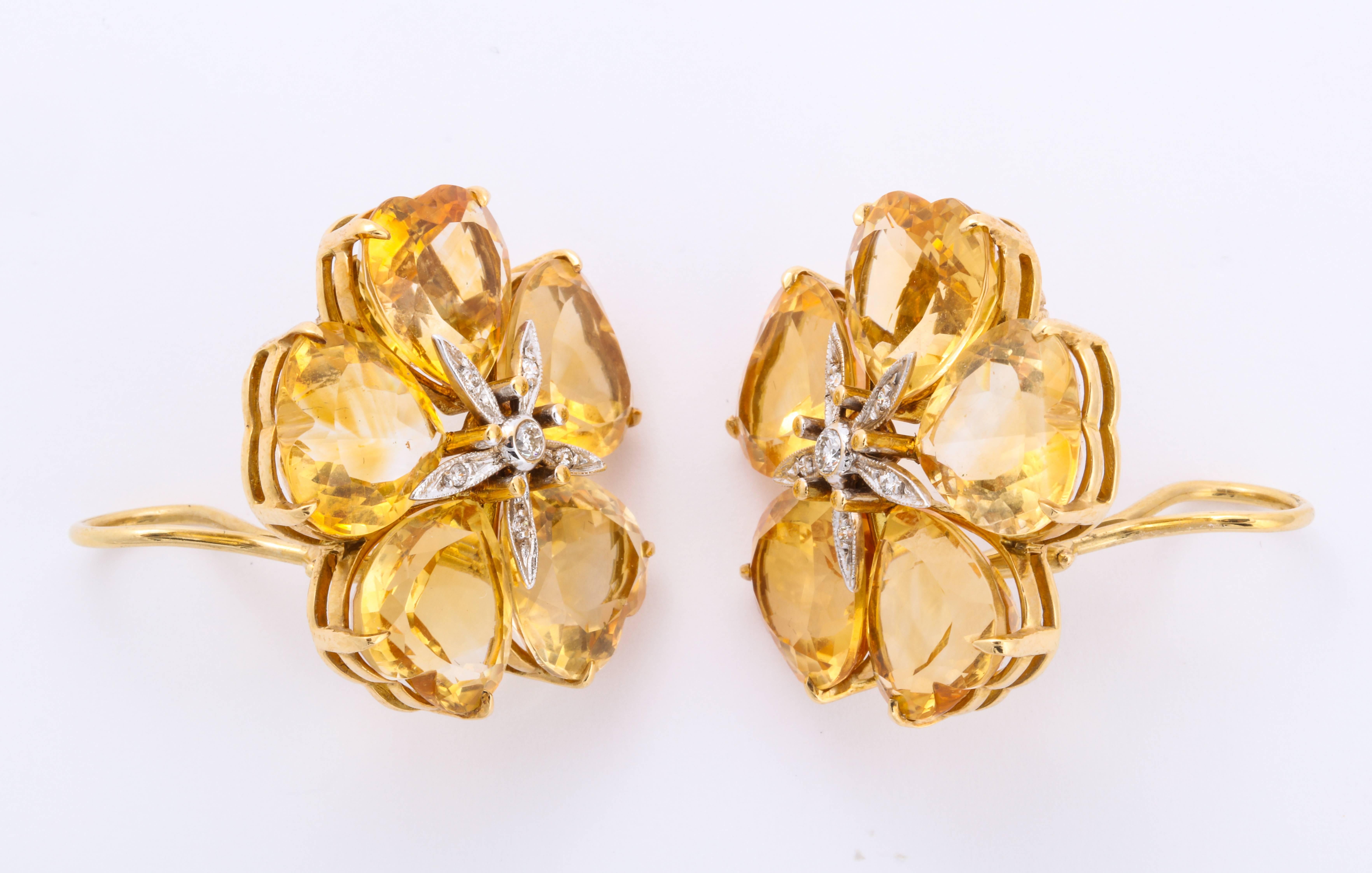 Michael Kanners Citrine Diamond Gold Flower Earclips In New Condition In Bal Harbour, FL