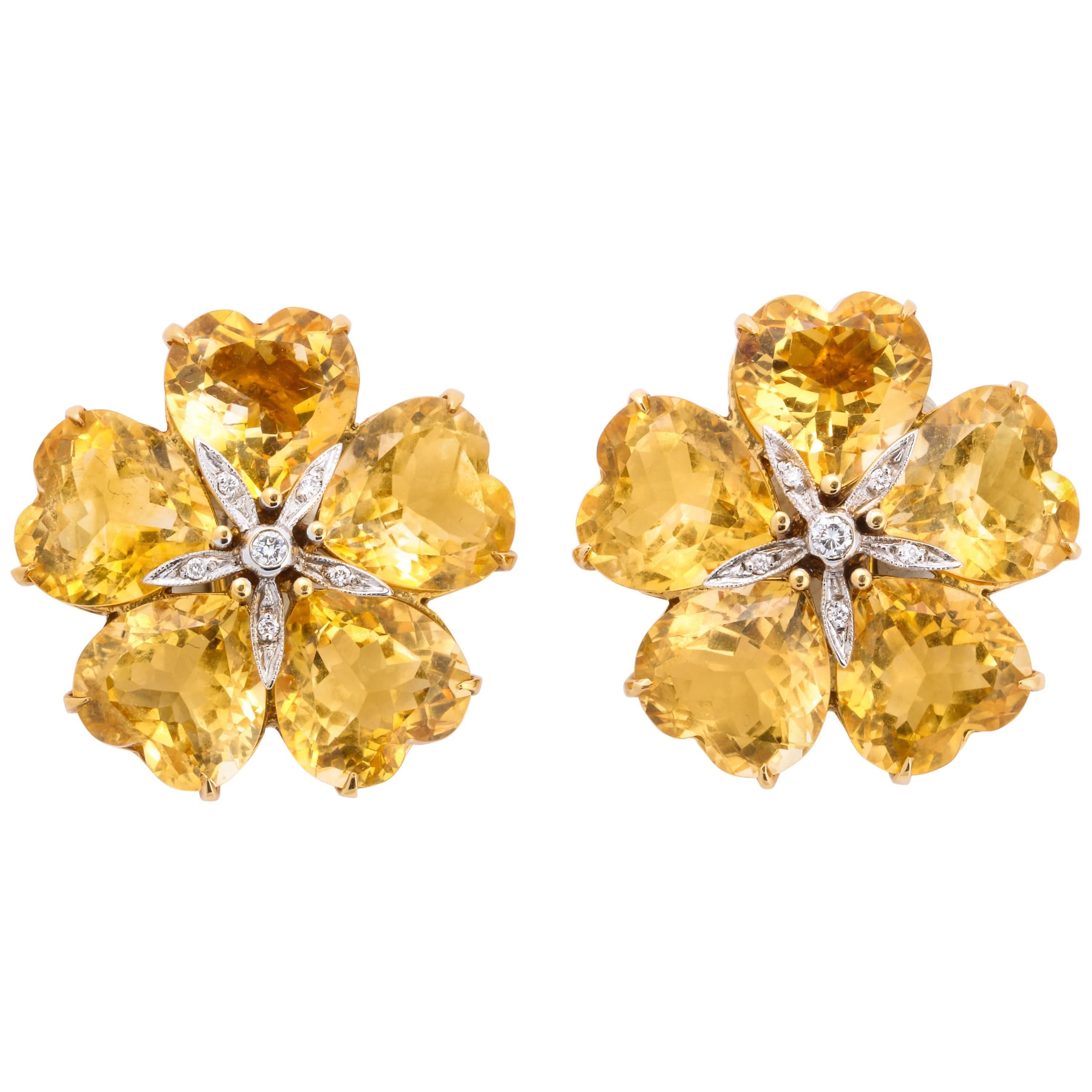 Michael Kanners Citrine Diamond Gold Flower Earclips