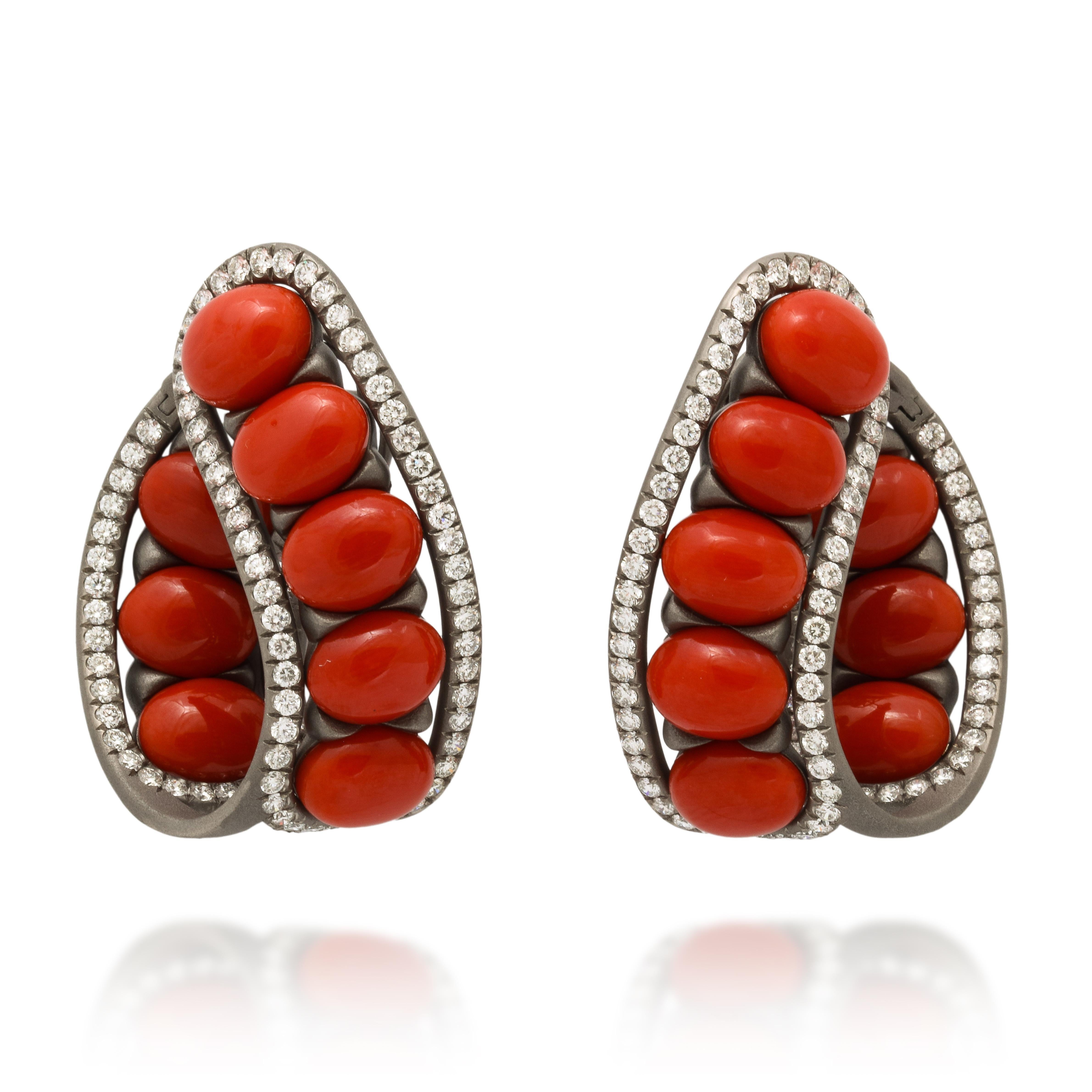 Mixed Cut Michael Kanners Coral Diamond and Titanium Earrings For Sale