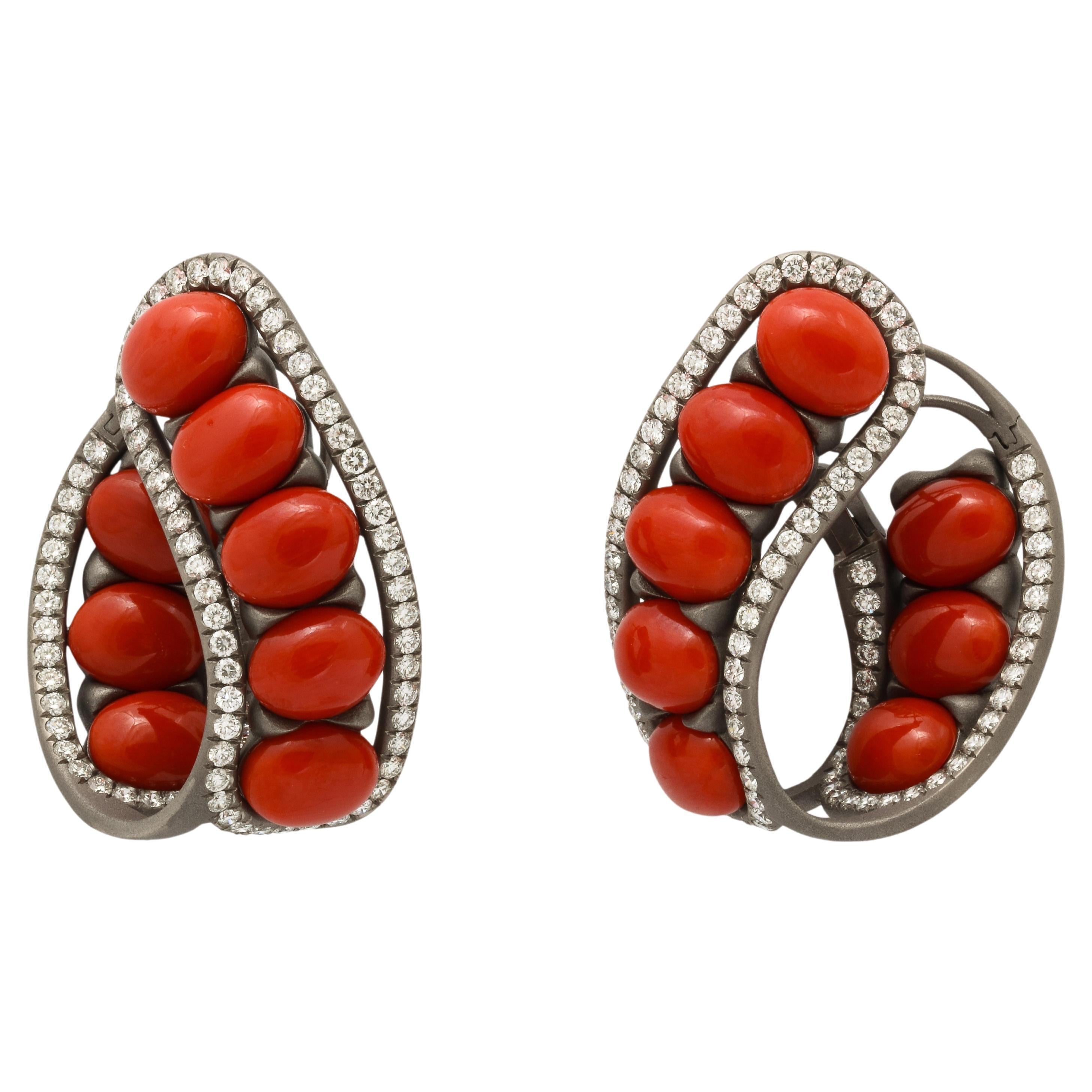 Michael Kanners Coral Diamond and Titanium Earrings For Sale