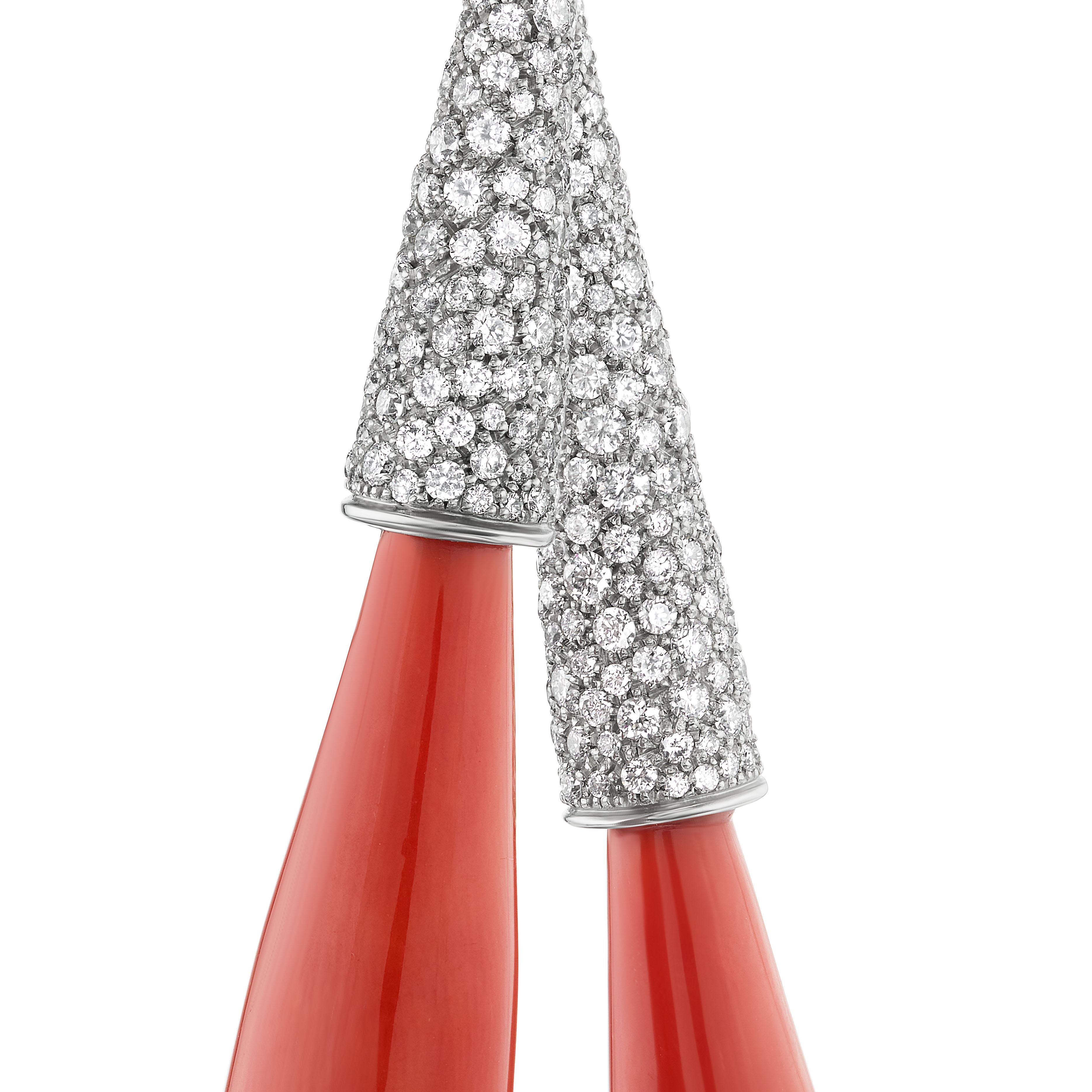 Contemporary Michael Kanners Double Coral Drop Titanium and Diamond Earrings For Sale
