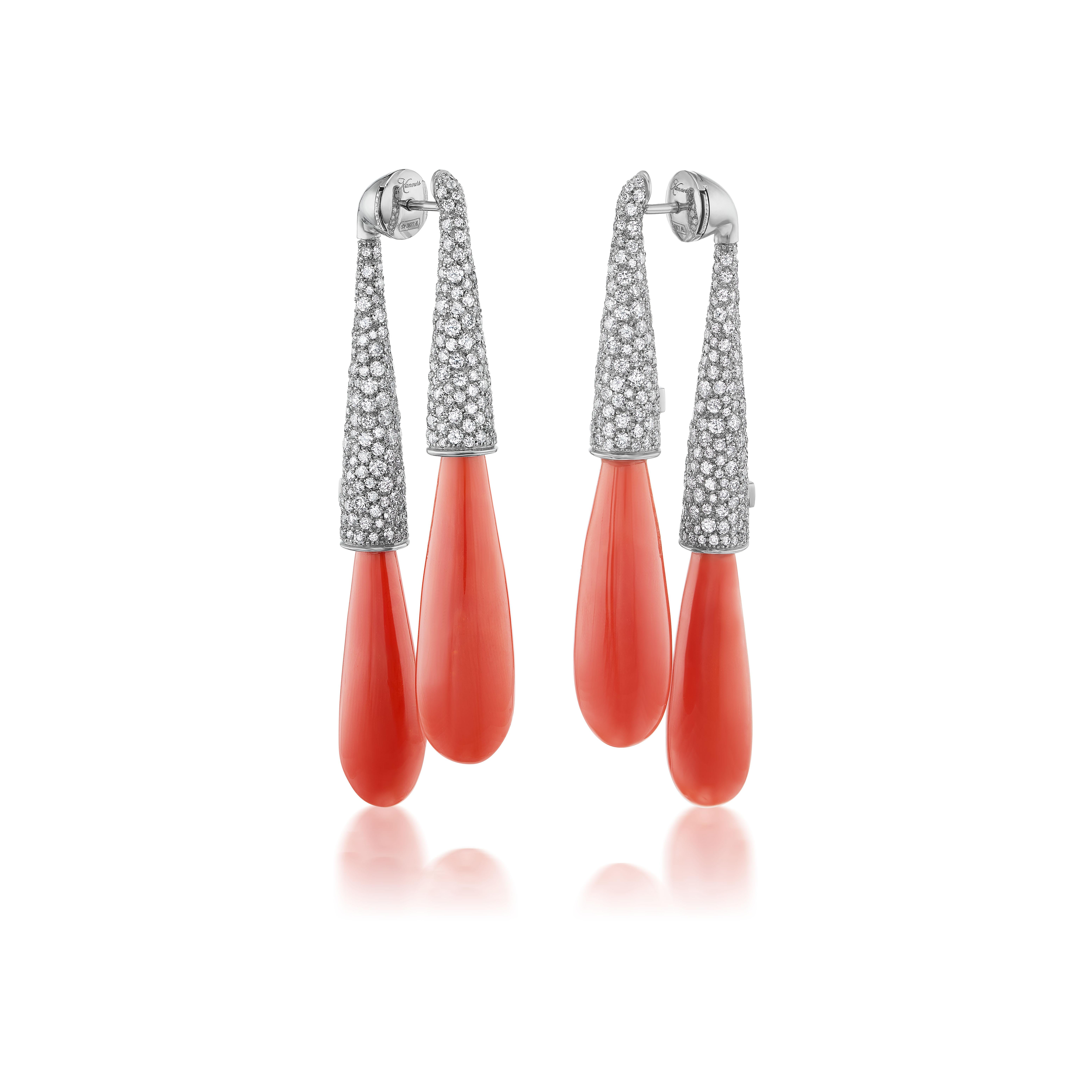 Michael Kanners Double Coral Drop Titanium and Diamond Earrings For Sale 3