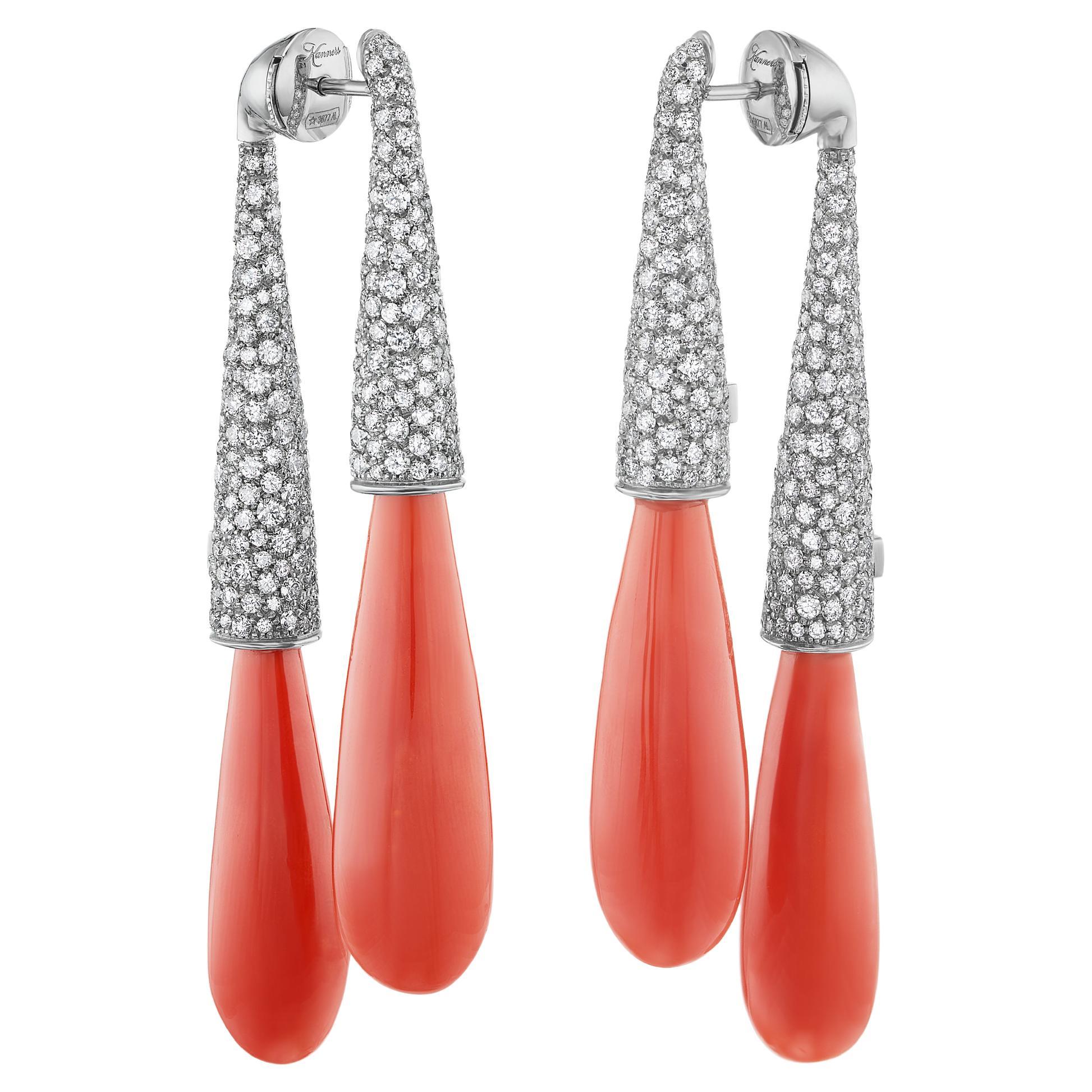 Michael Kanners Double Coral Drop Titanium and Diamond Earrings For Sale