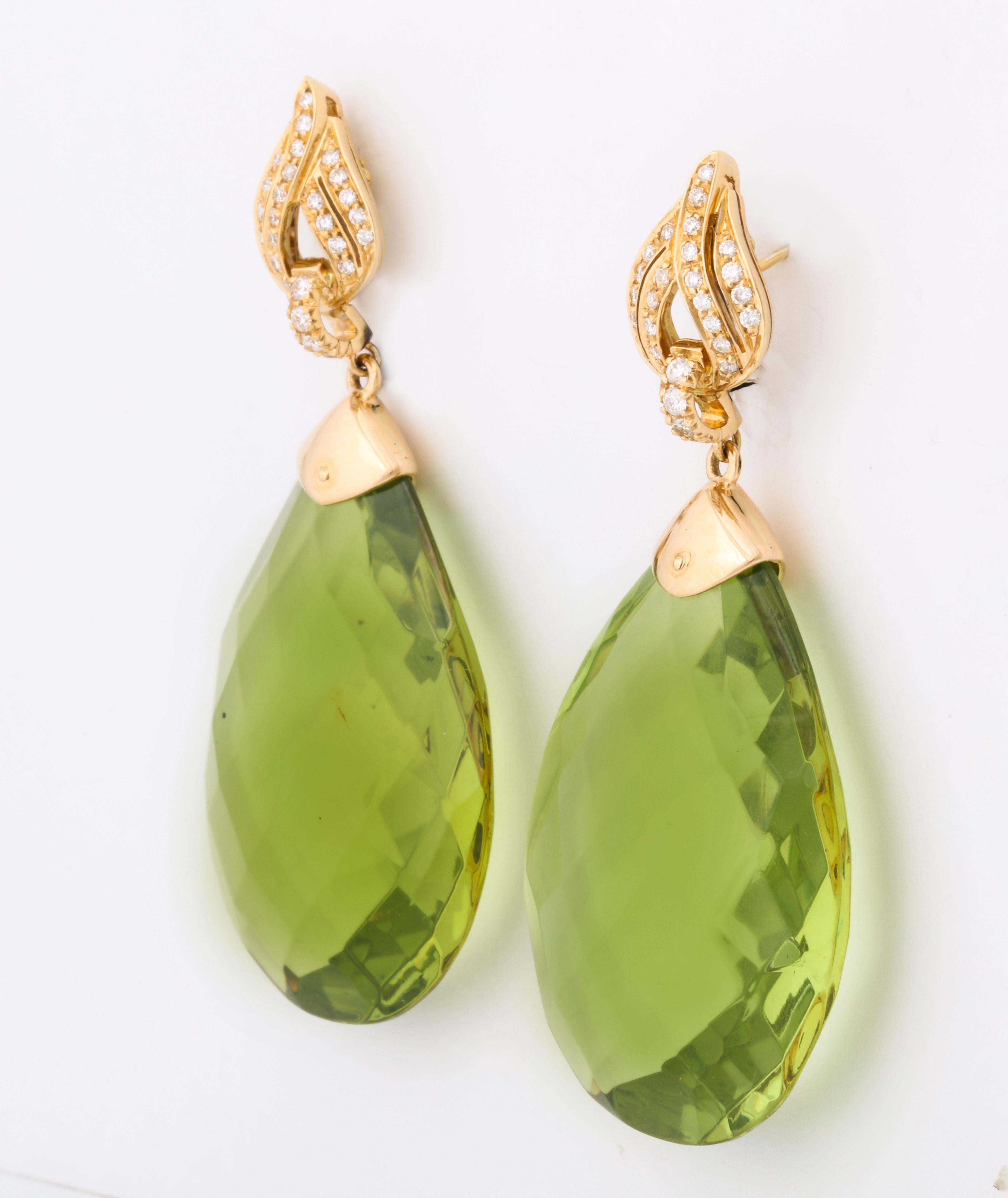 Women's Michael Kanners Faceted Green Amber Diamond and Gold Drop Earrings