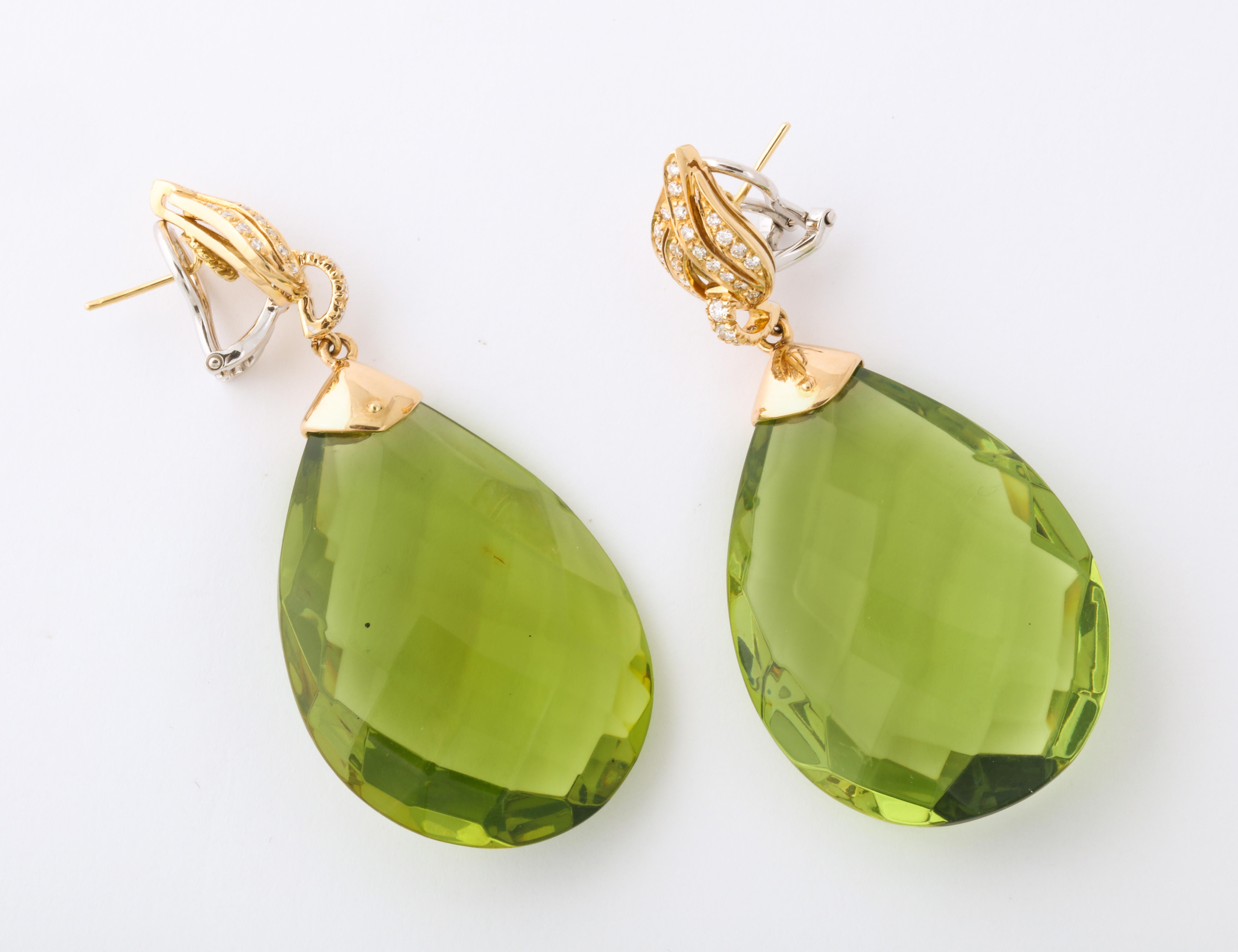 Michael Kanners Faceted Green Amber Diamond and Gold Drop Earrings 1