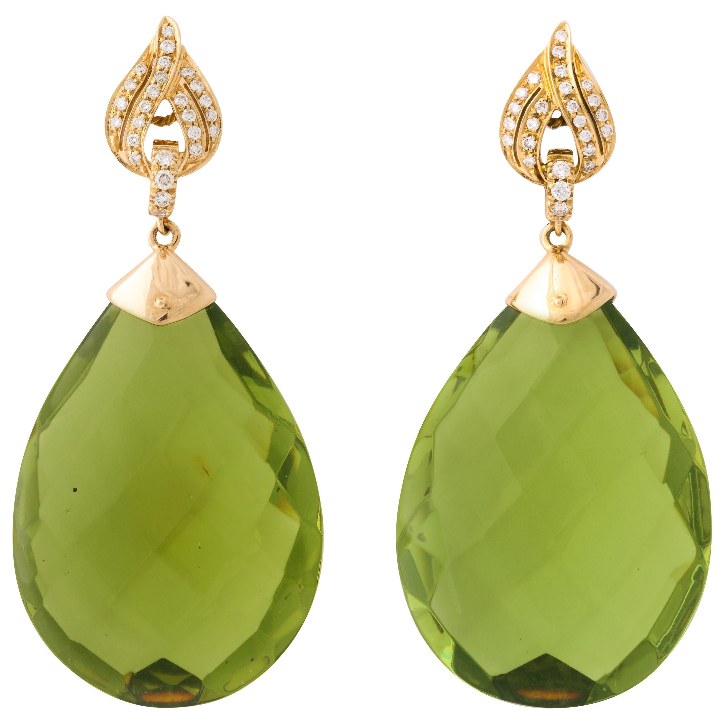 Michael Kanners Faceted Green Amber Diamond and Gold Drop Earrings