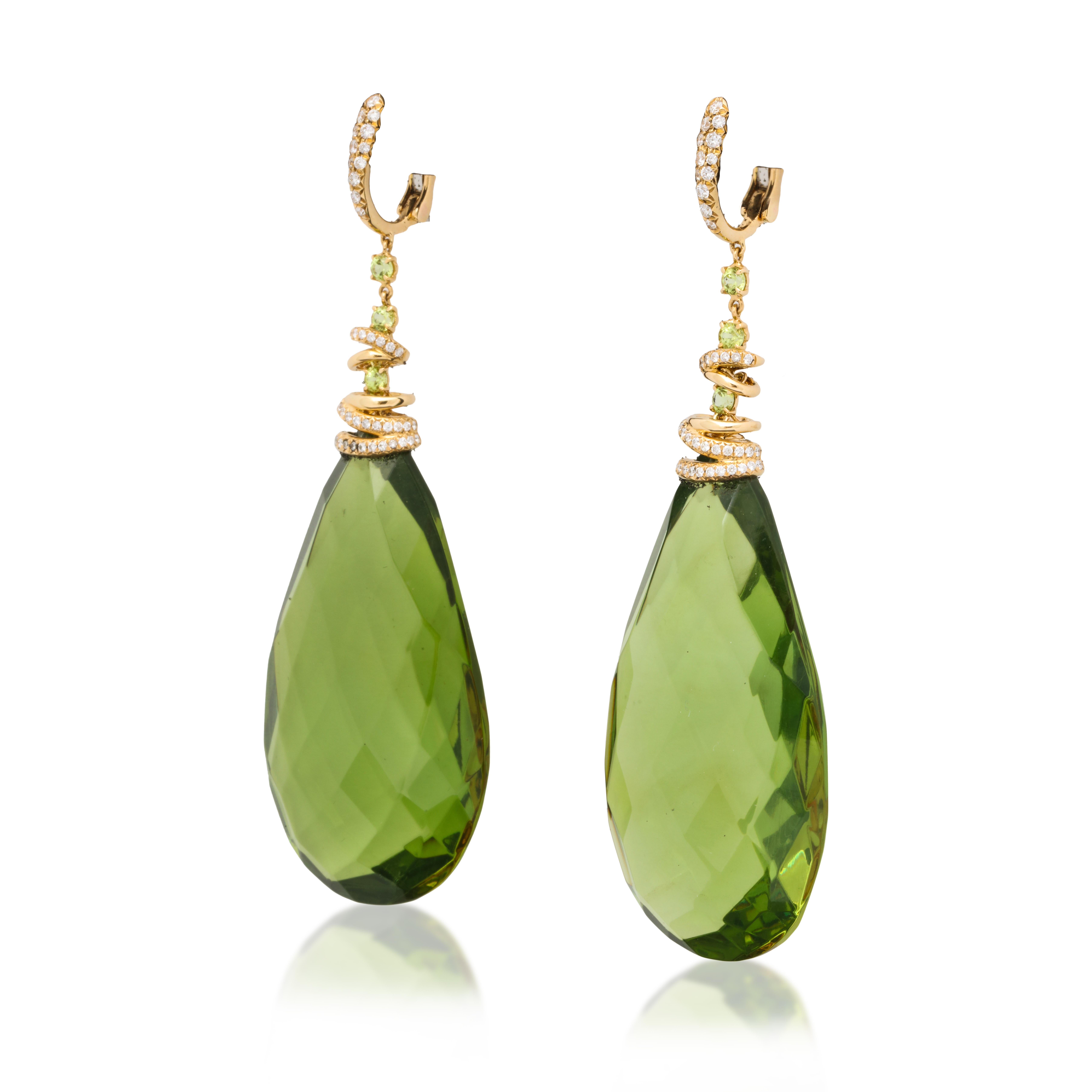 Modern Michael Kanners Green Amber Peridot Diamond Gold Drop Earclips For Sale