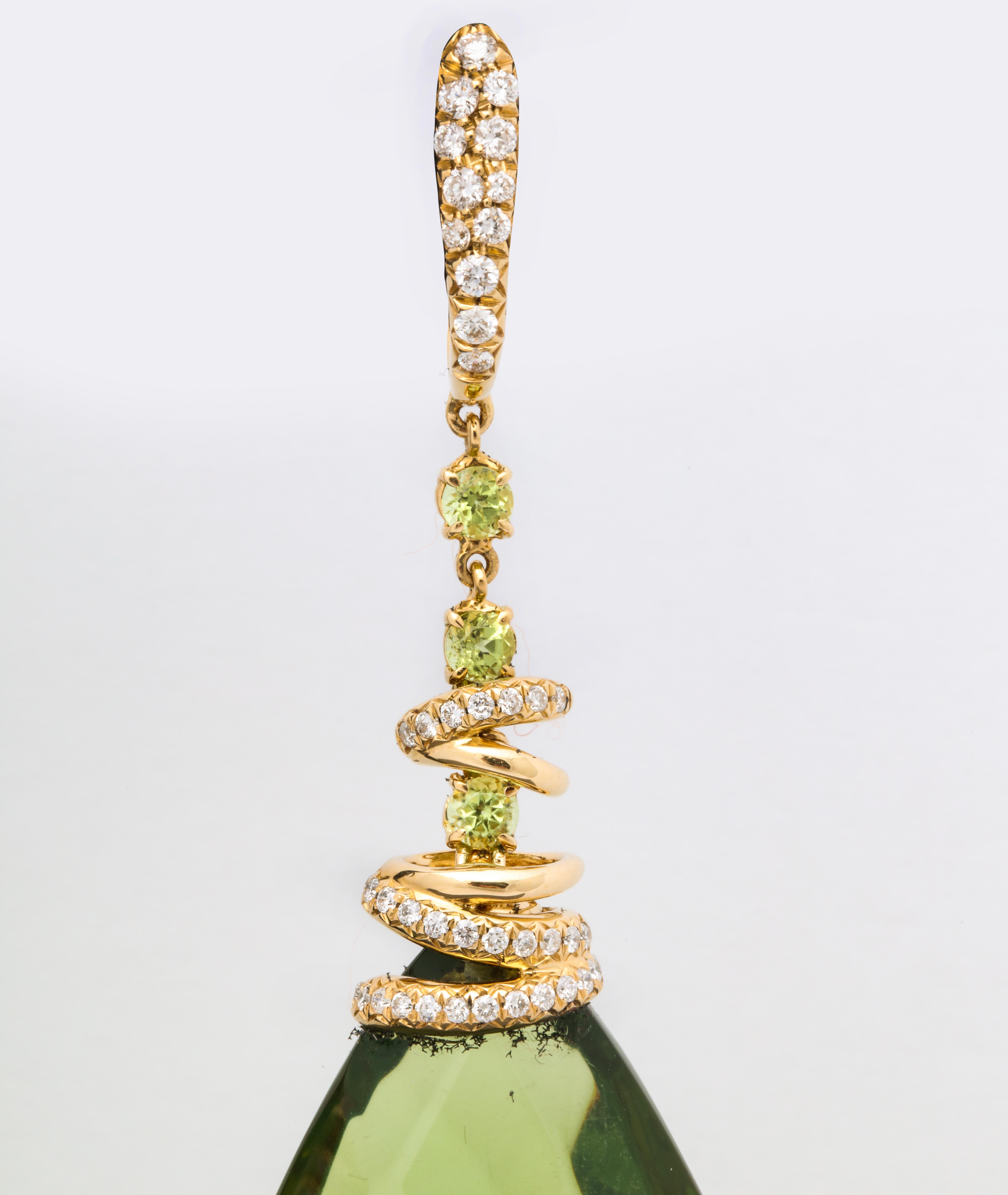 Women's Michael Kanners Green Amber Peridot Diamond Gold Drop Earclips