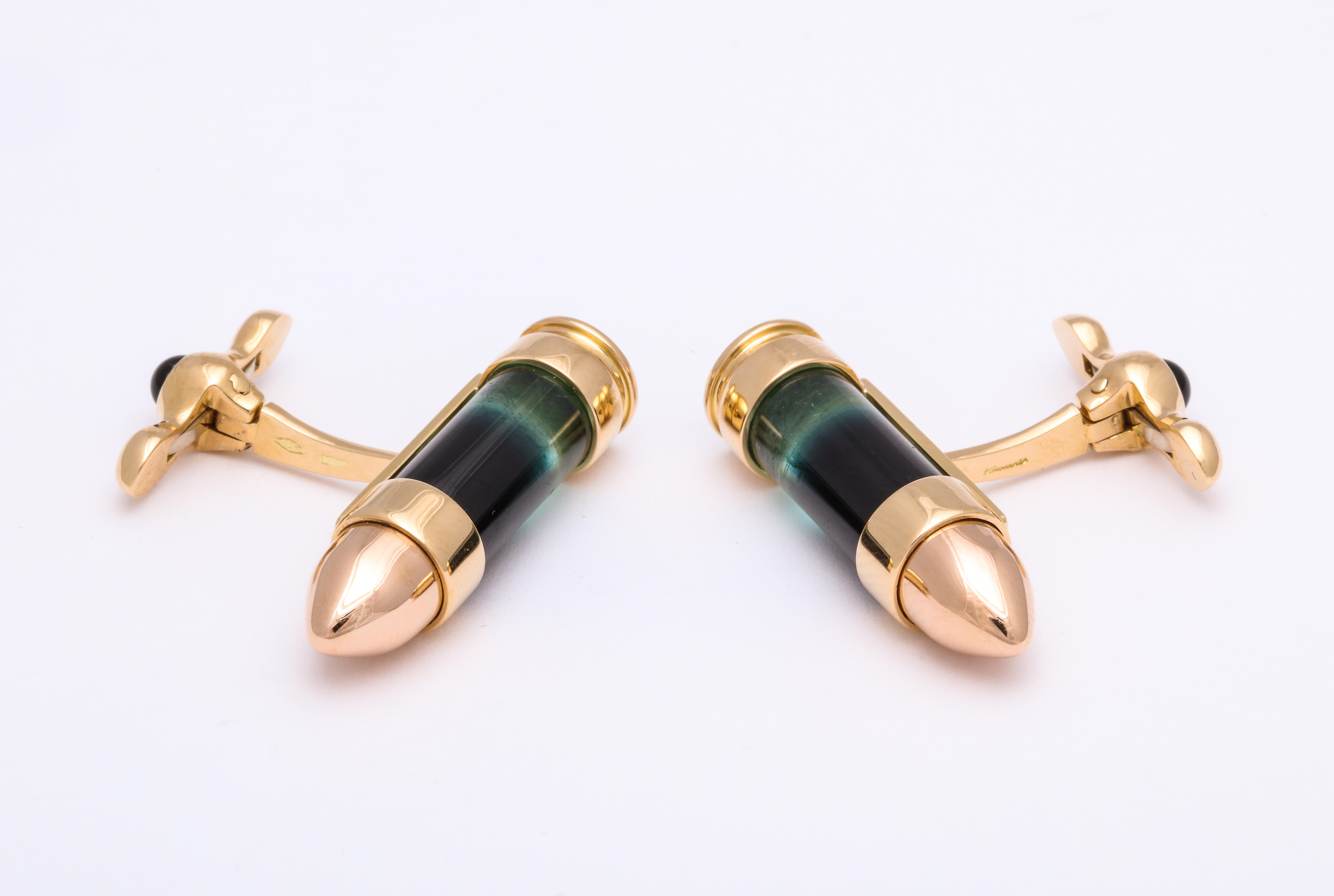 Modern Michael Kanners Green and Black Tourmaline Gold Bullet Cufflinks