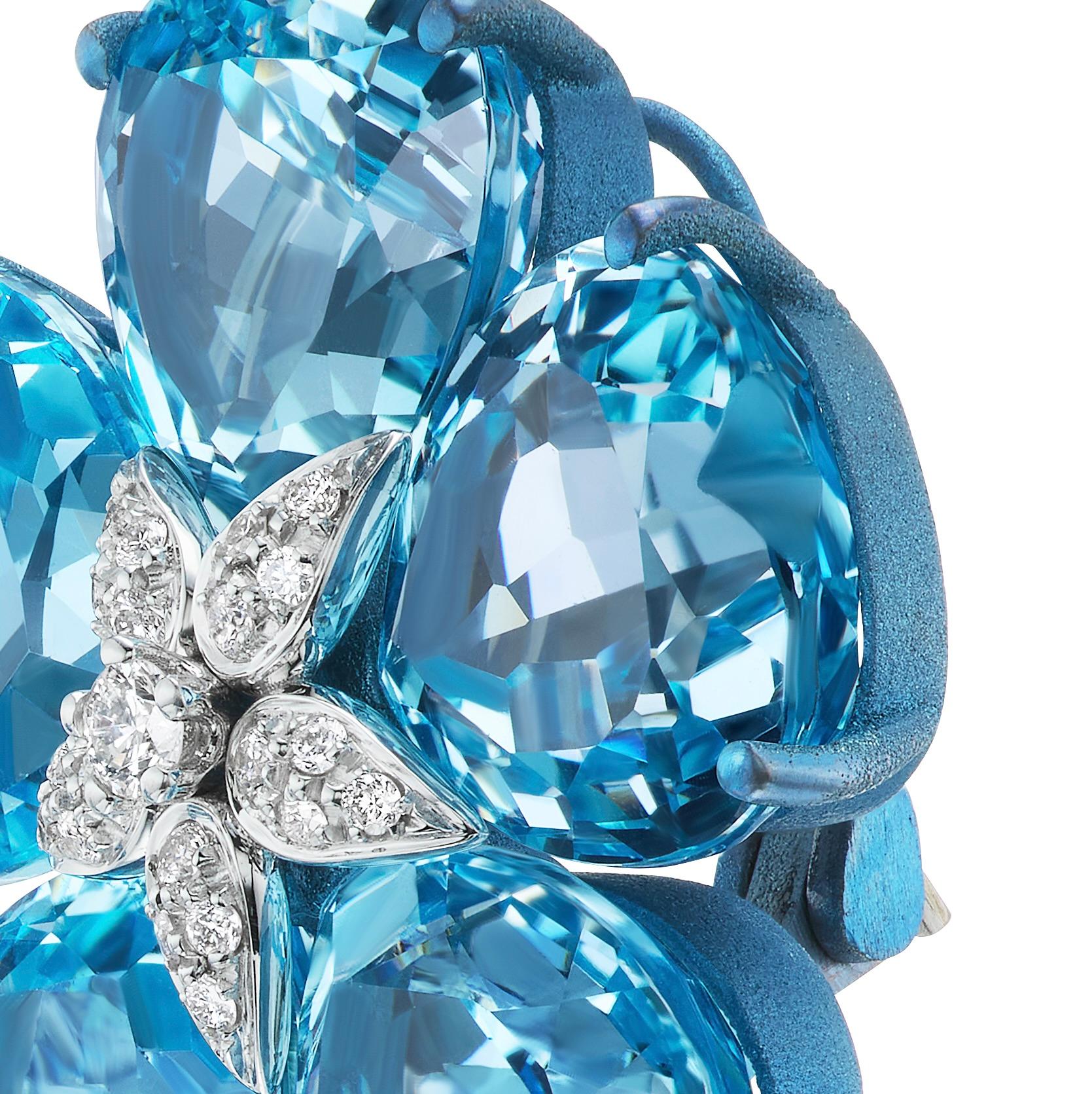 Michael Kanners Heart Shape Blue Topaz Diamond and Titanium Earrings In New Condition For Sale In Bal Harbour, FL