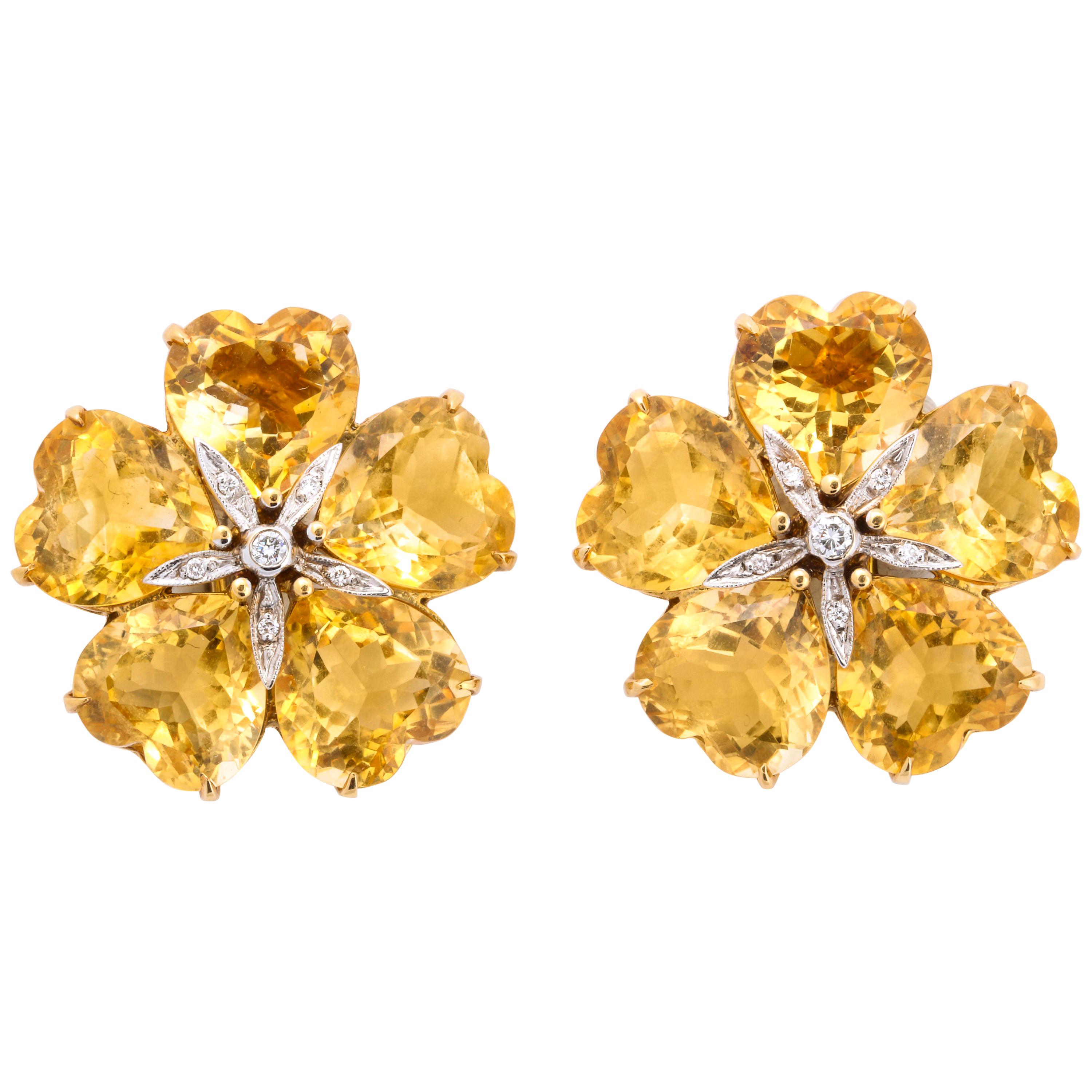 Michael Kanners Heart Shape Citrine Diamond Gold Flower Earrings