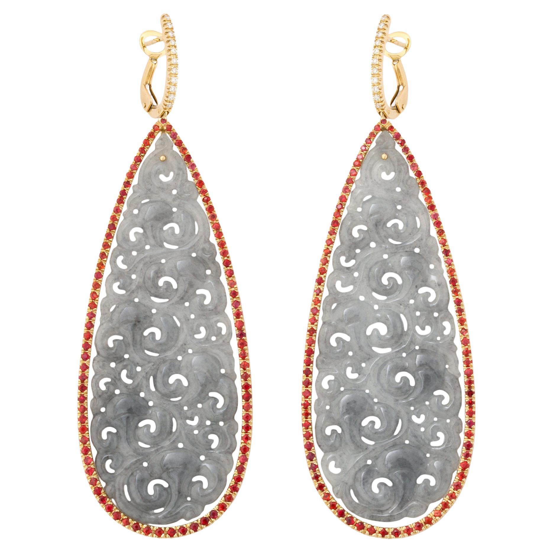 Michael Kanners, boucles d'oreilles en goutte en or, jade, saphir et diamants en vente