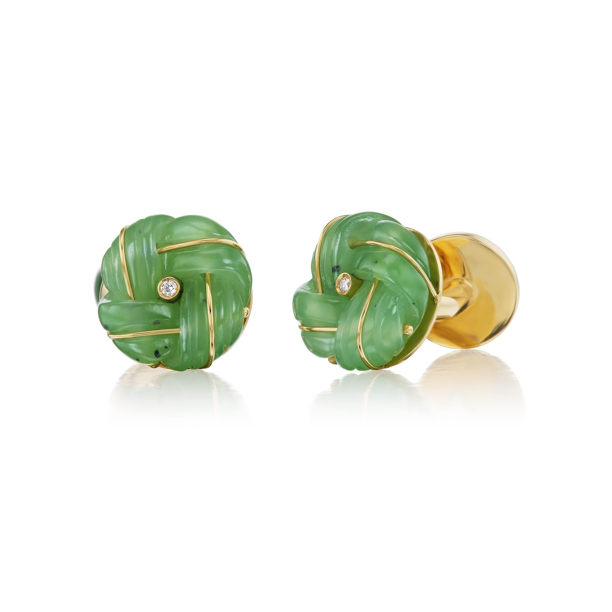 The classic knot cufflink, reinterpreted in carved jade and discretely embellished with gold and diamonds.  

Knot cufflinks date back to the early 20th century and the originals were made of silk by the French shirt maker Charvet.  Since then,