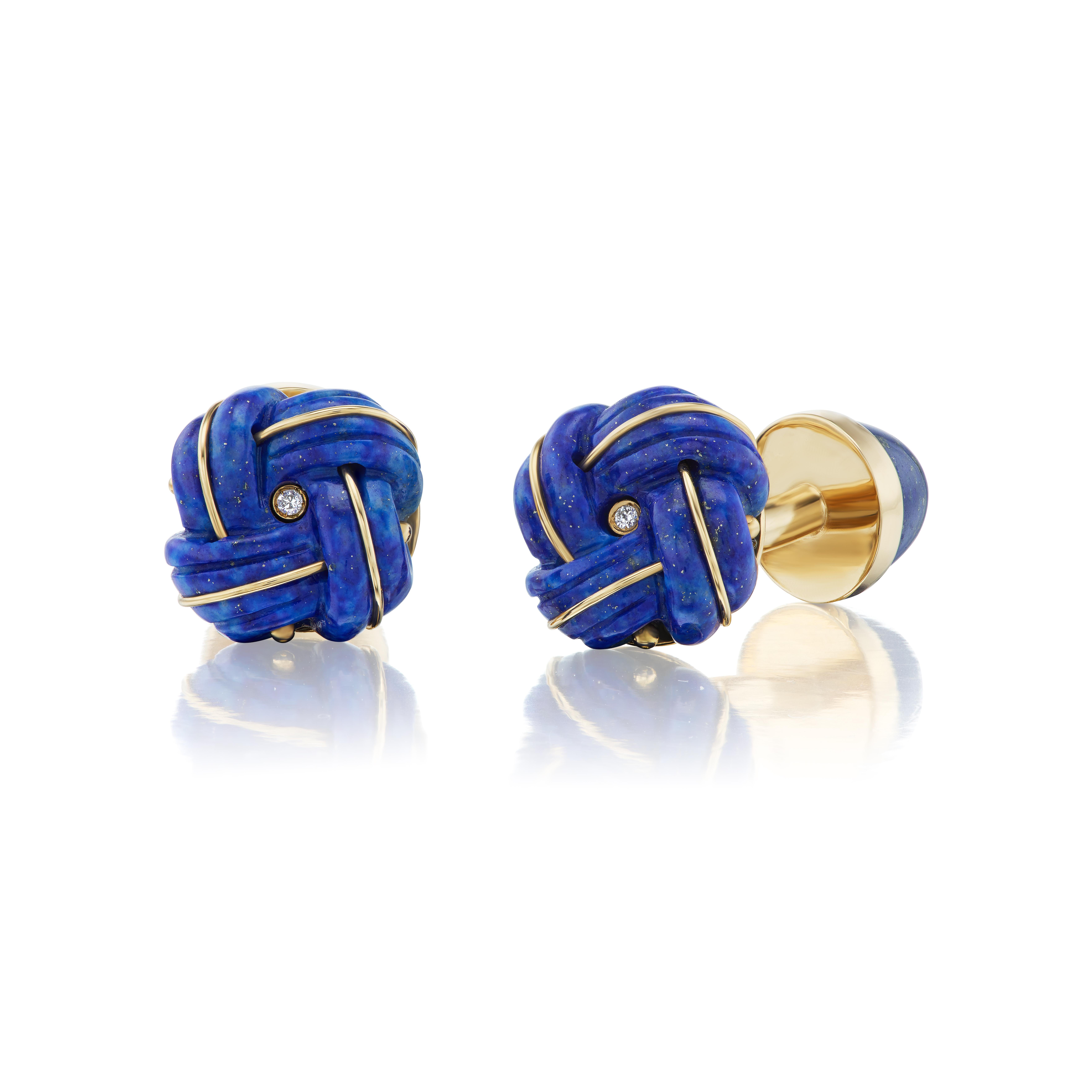 The classic knot cufflink, reinterpreted in carved lapis-lazuli and discretely embellished with gold and diamonds.  

Knot cufflinks date back to the early 20th century and the originals were made of silk by the French shirt maker Charvet.  Since