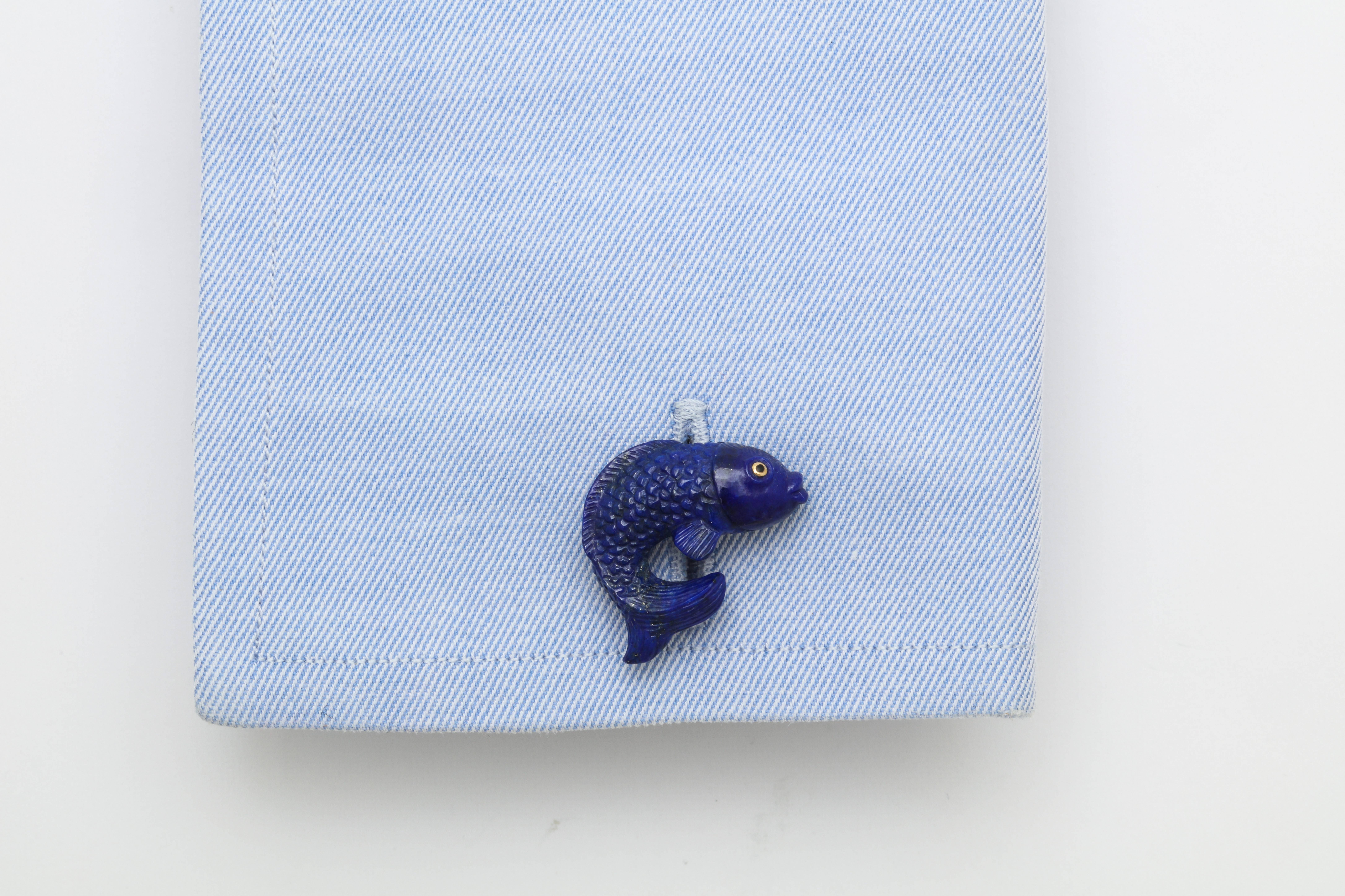 Contemporary Michael Kanners Lapis Lazuli and Gold Fish Cufflinks