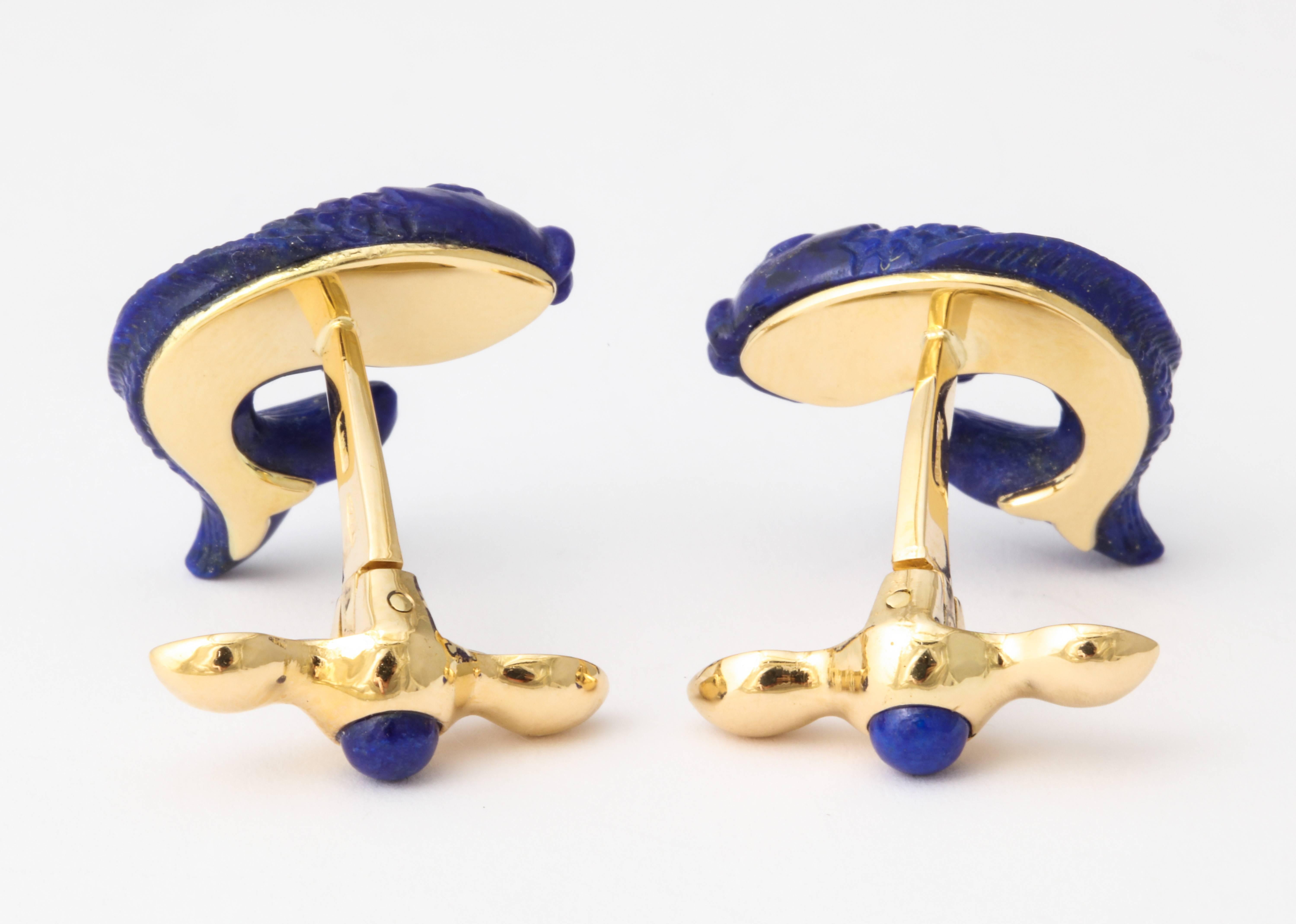 Cabochon Michael Kanners Lapis Lazuli and Gold Fish Cufflinks For Sale