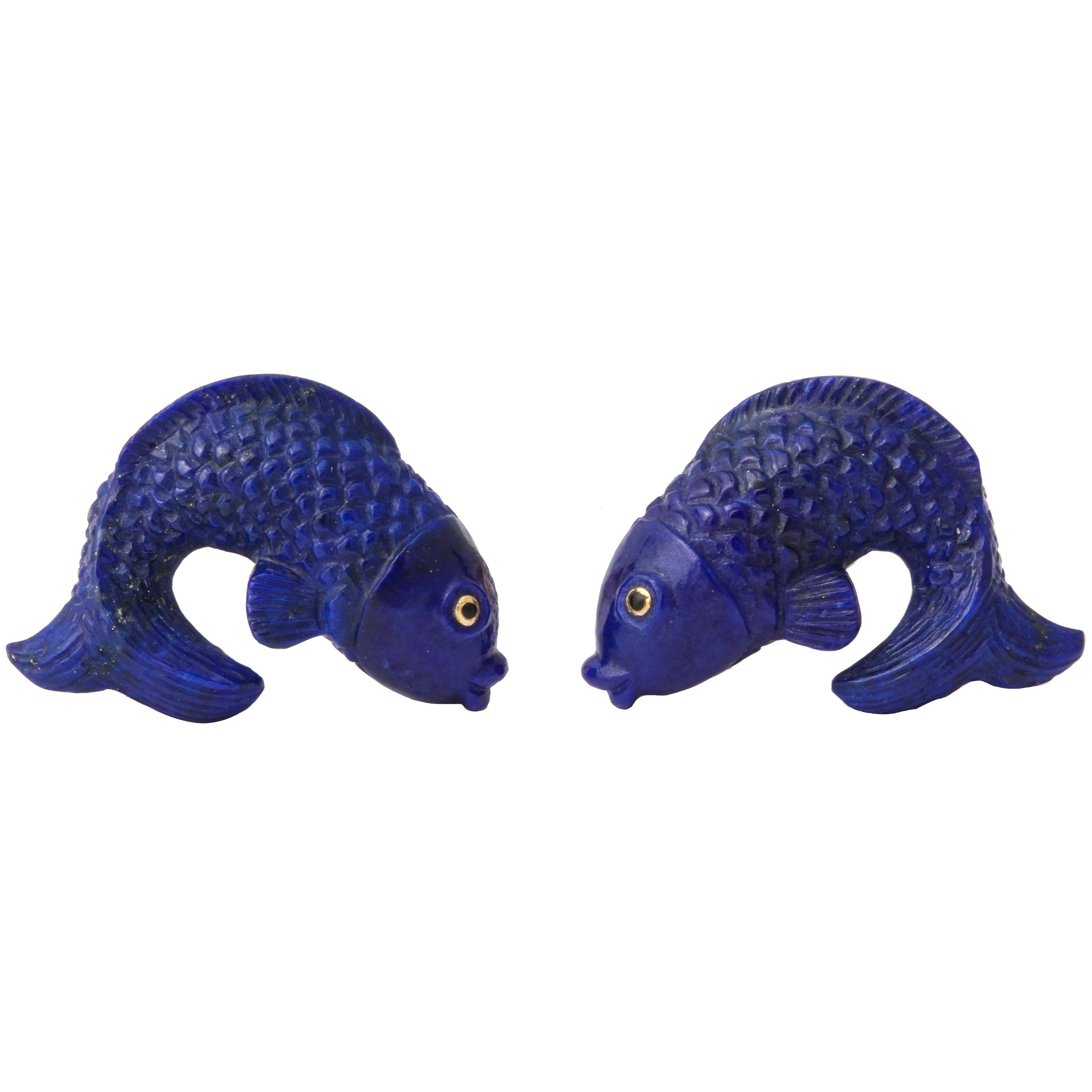 Michael Kanners Lapis Lazuli and Gold Fish Cufflinks For Sale