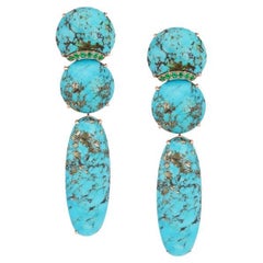 Michael Kanners Natural Turquoise and Muzo Emerald Rose Gold Drop Earrings
