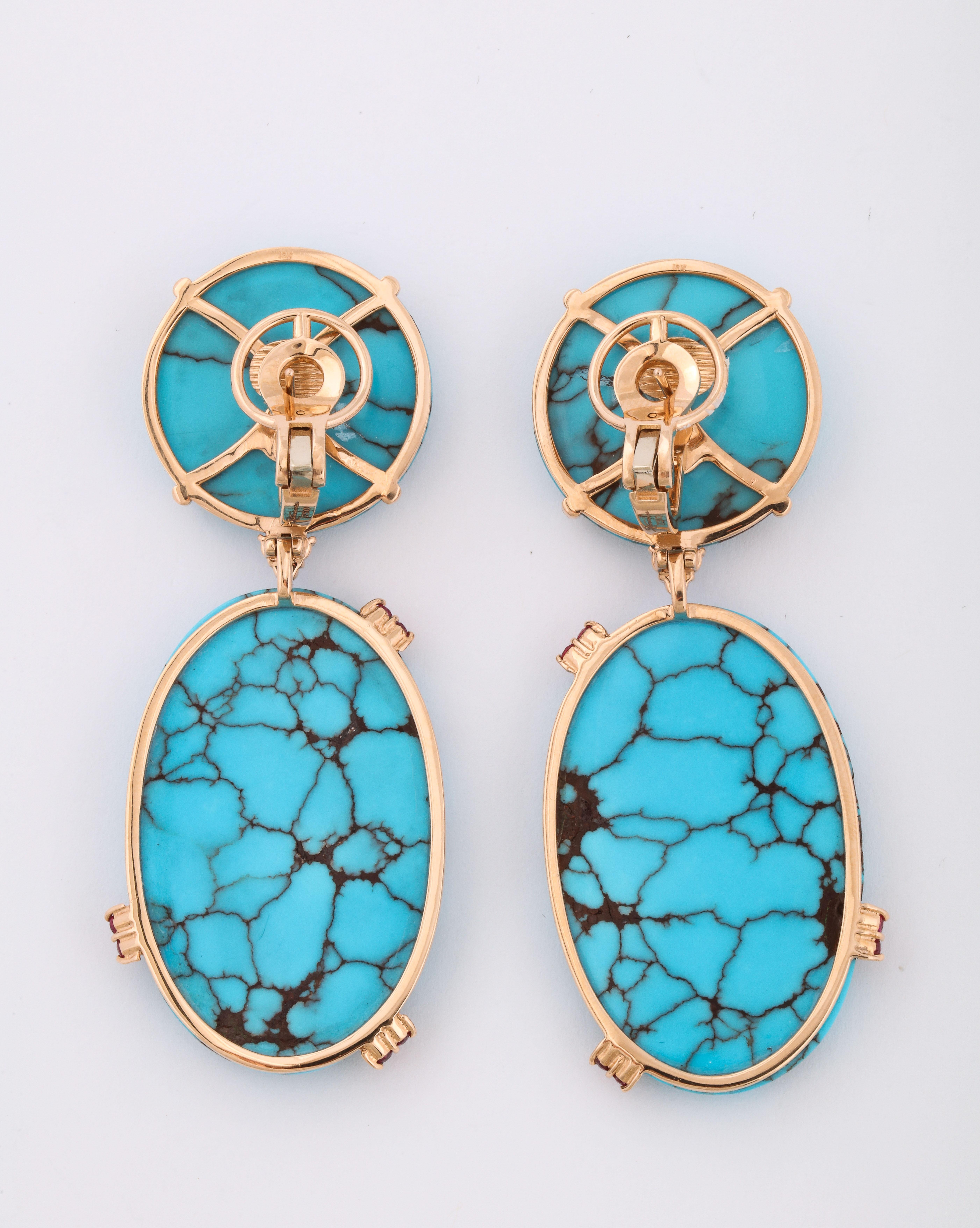 Michael Kanners Natural Turquoise and Ruby Rose Gold Drop Earrings For Sale 2