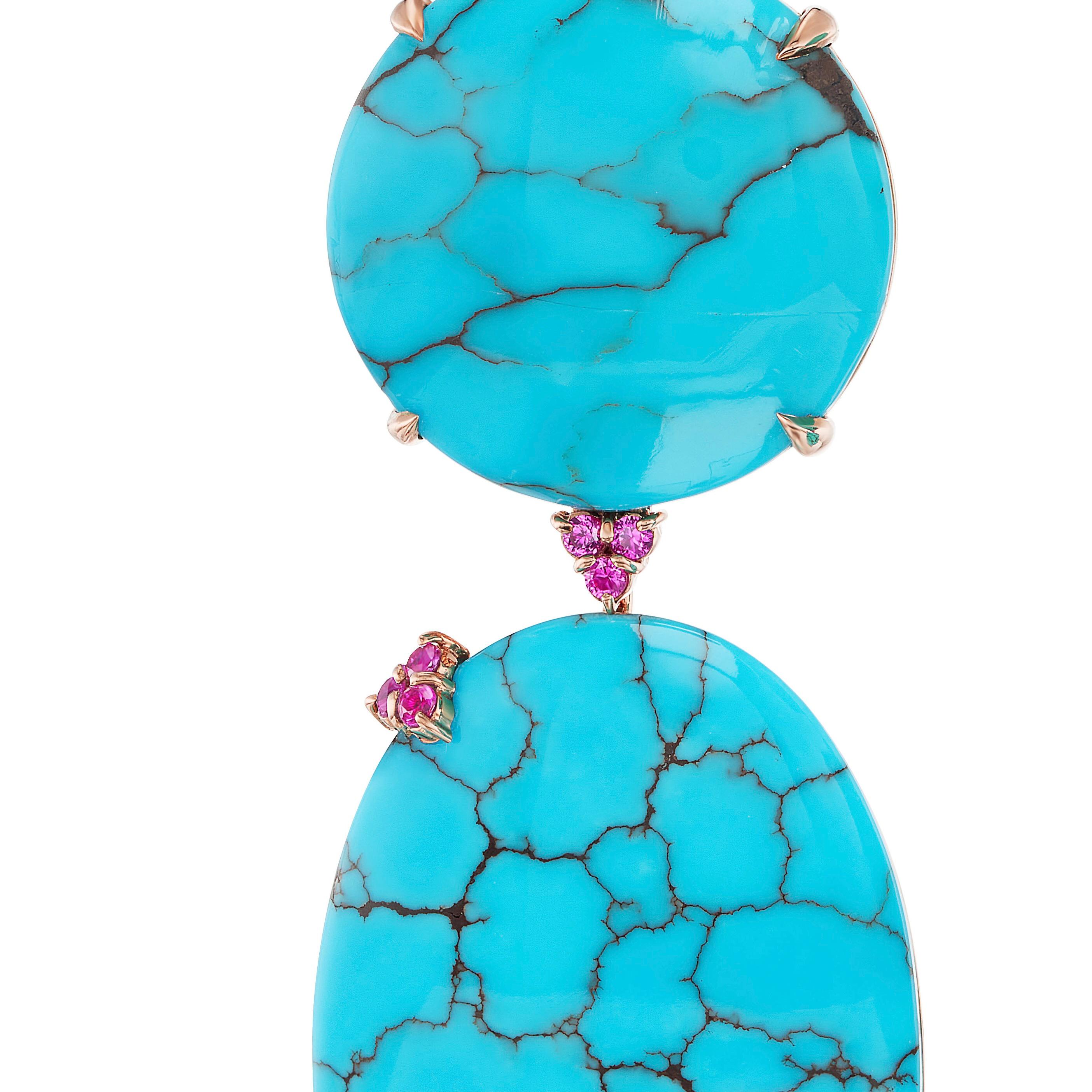 Michael Kanners Natural Turquoise and Ruby Rose Gold Drop Earrings For Sale 7