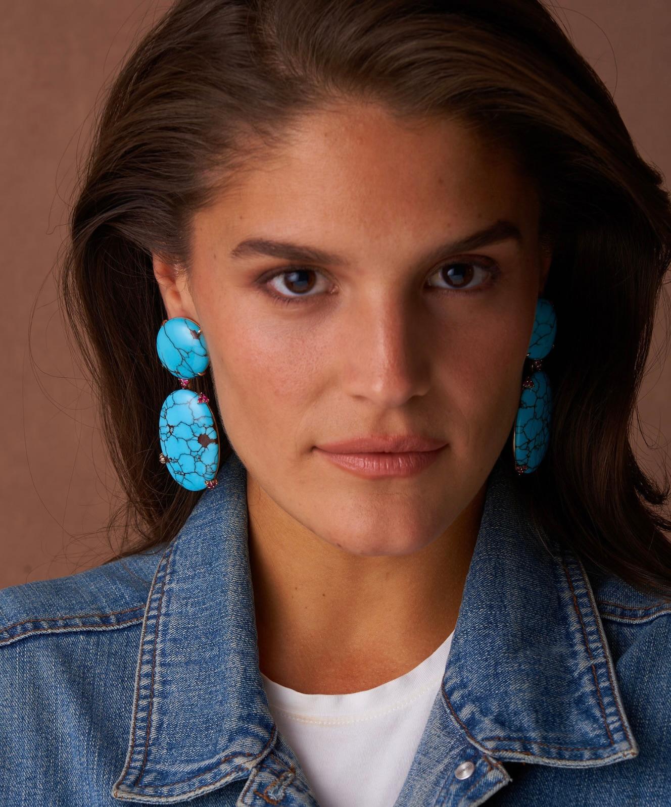 Contemporary Michael Kanners Natural Turquoise and Ruby Rose Gold Drop Earrings For Sale