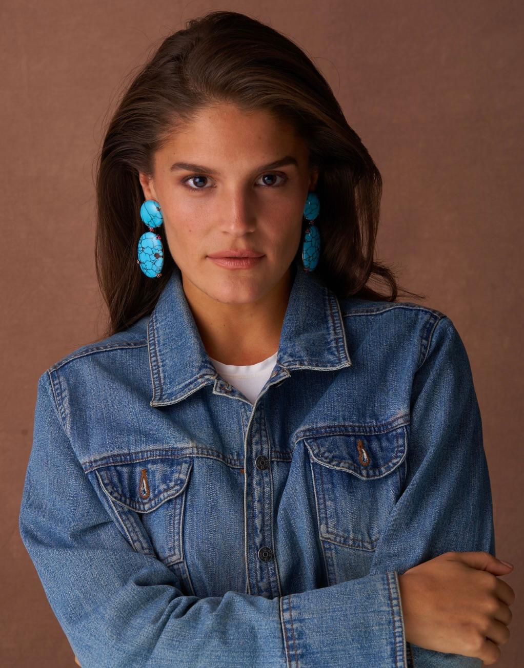 Round Cut Michael Kanners Natural Turquoise and Ruby Rose Gold Drop Earrings For Sale