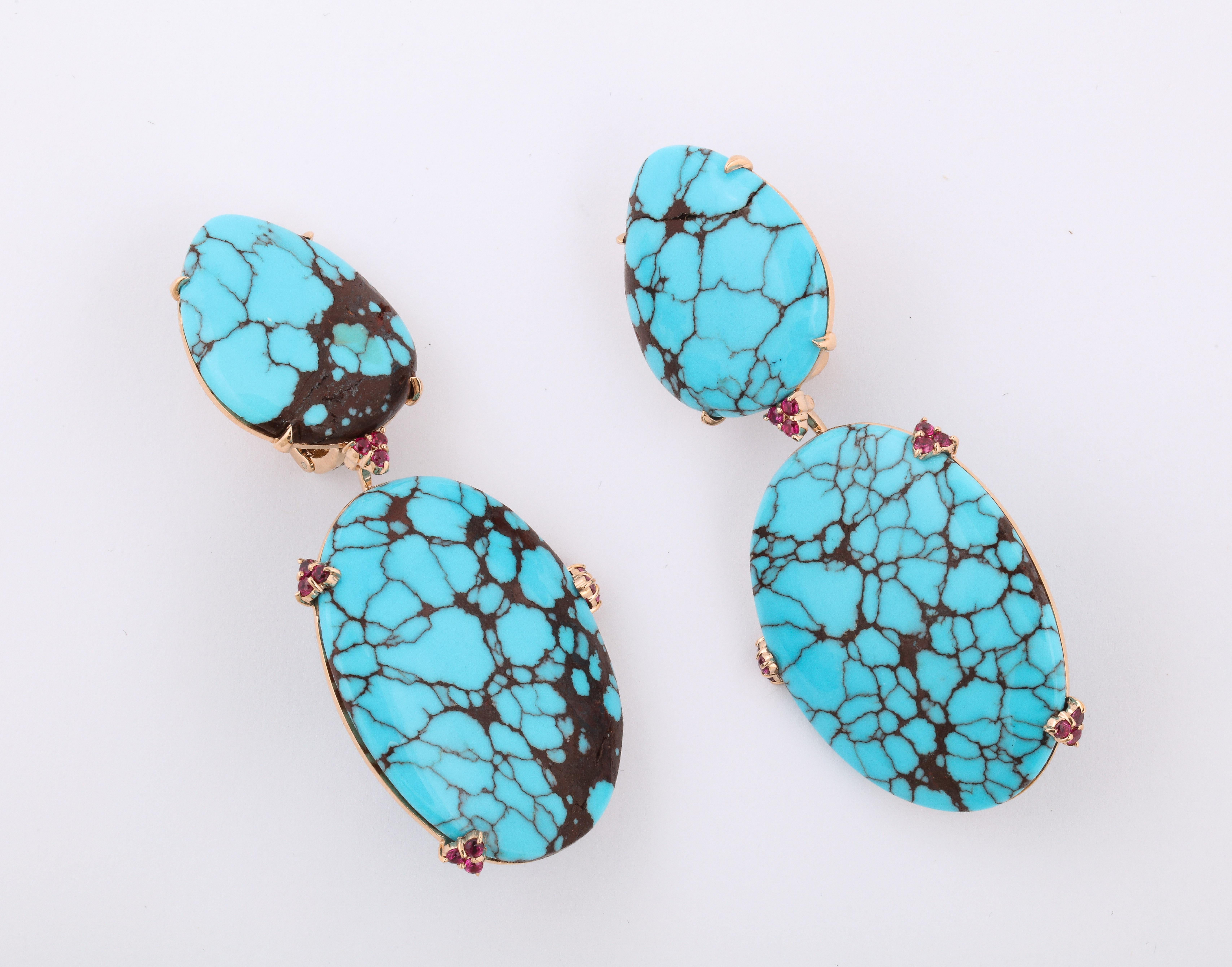 Contemporary Michael Kanners Natural Turquoise and Ruby Rose Gold Drop Earrings For Sale