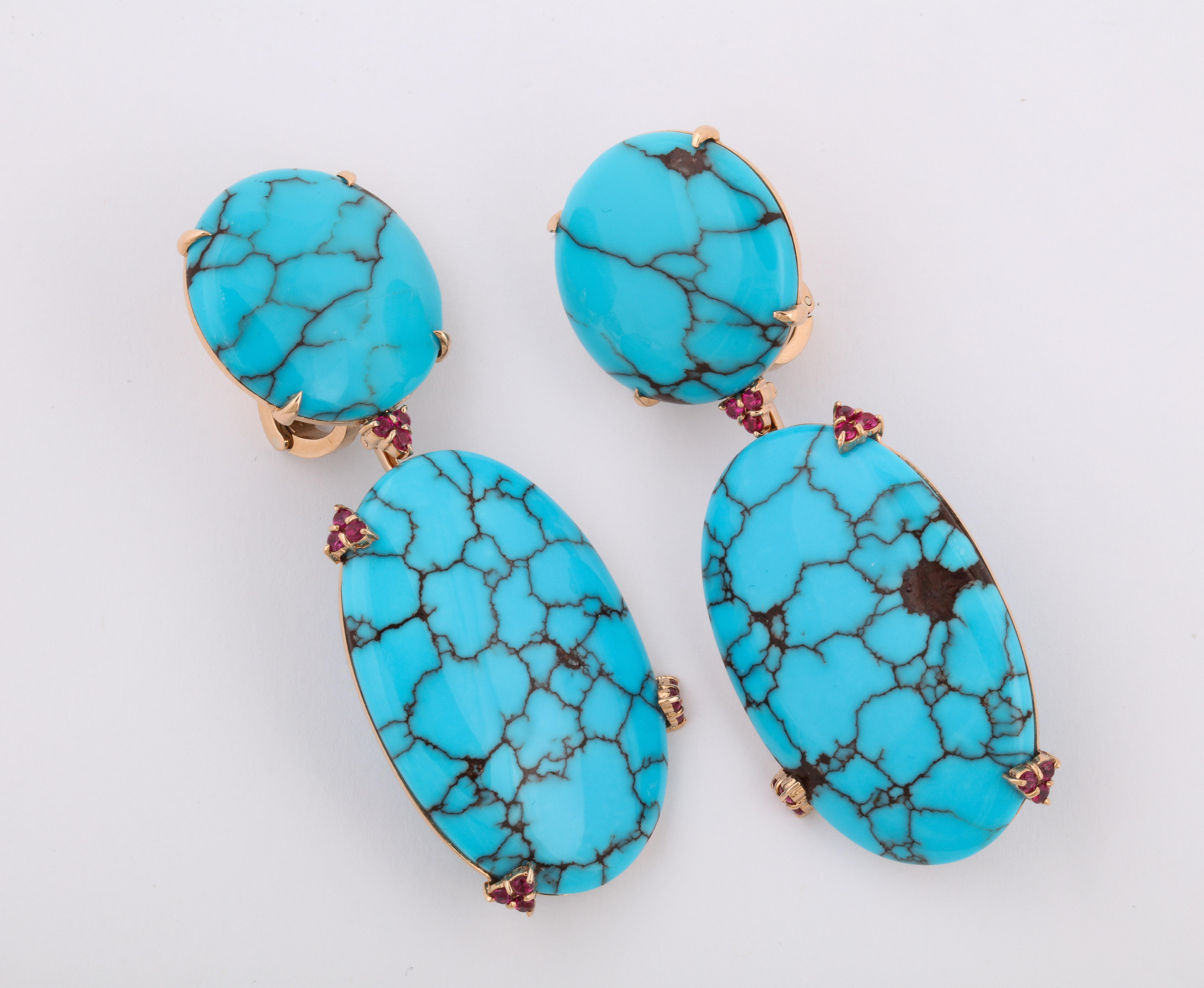Contemporary Michael Kanners Natural Turquoise and Ruby Rose Gold Drop Earrings For Sale