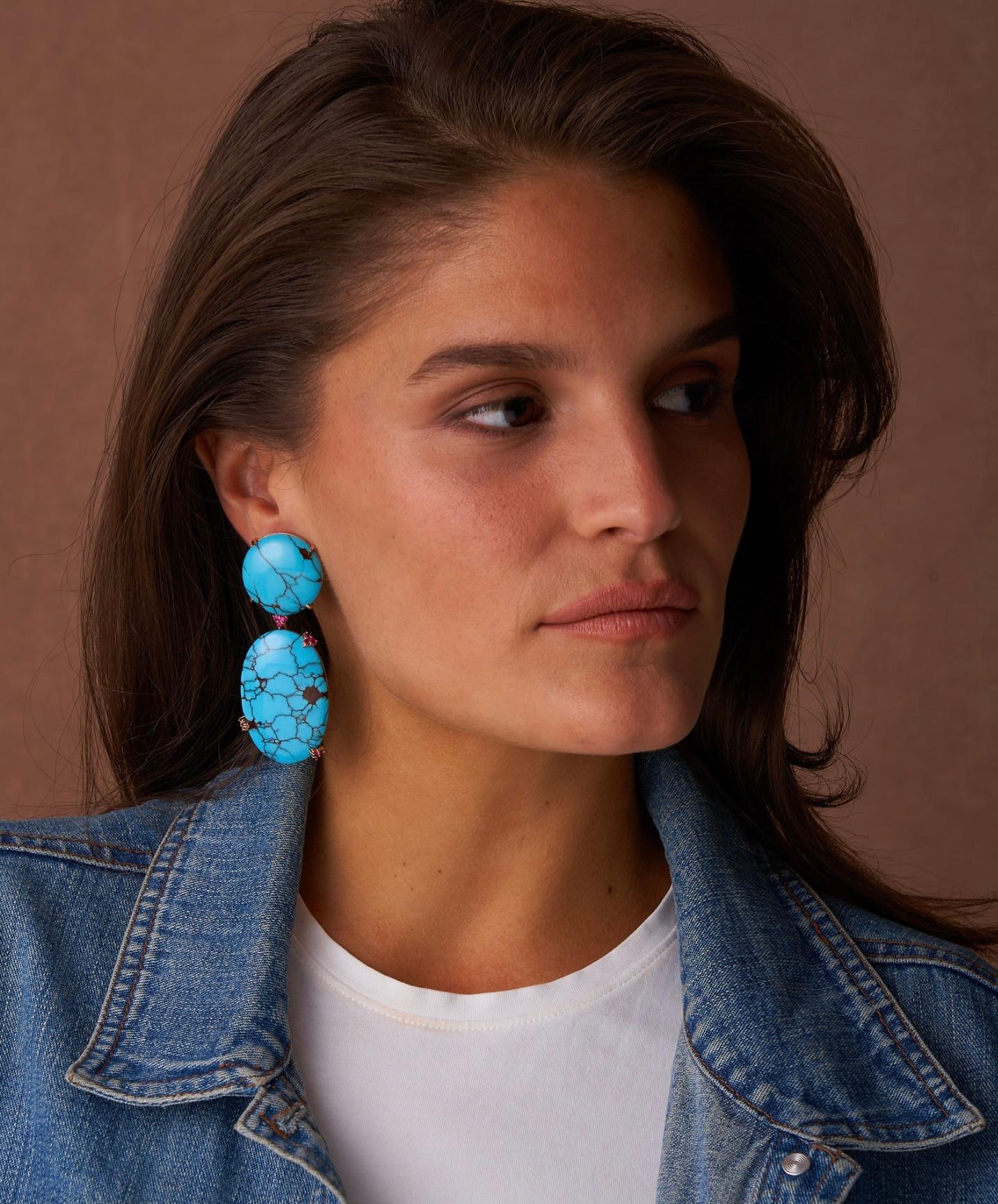 Michael Kanners Natural Turquoise and Ruby Rose Gold Drop Earrings In New Condition For Sale In Bal Harbour, FL