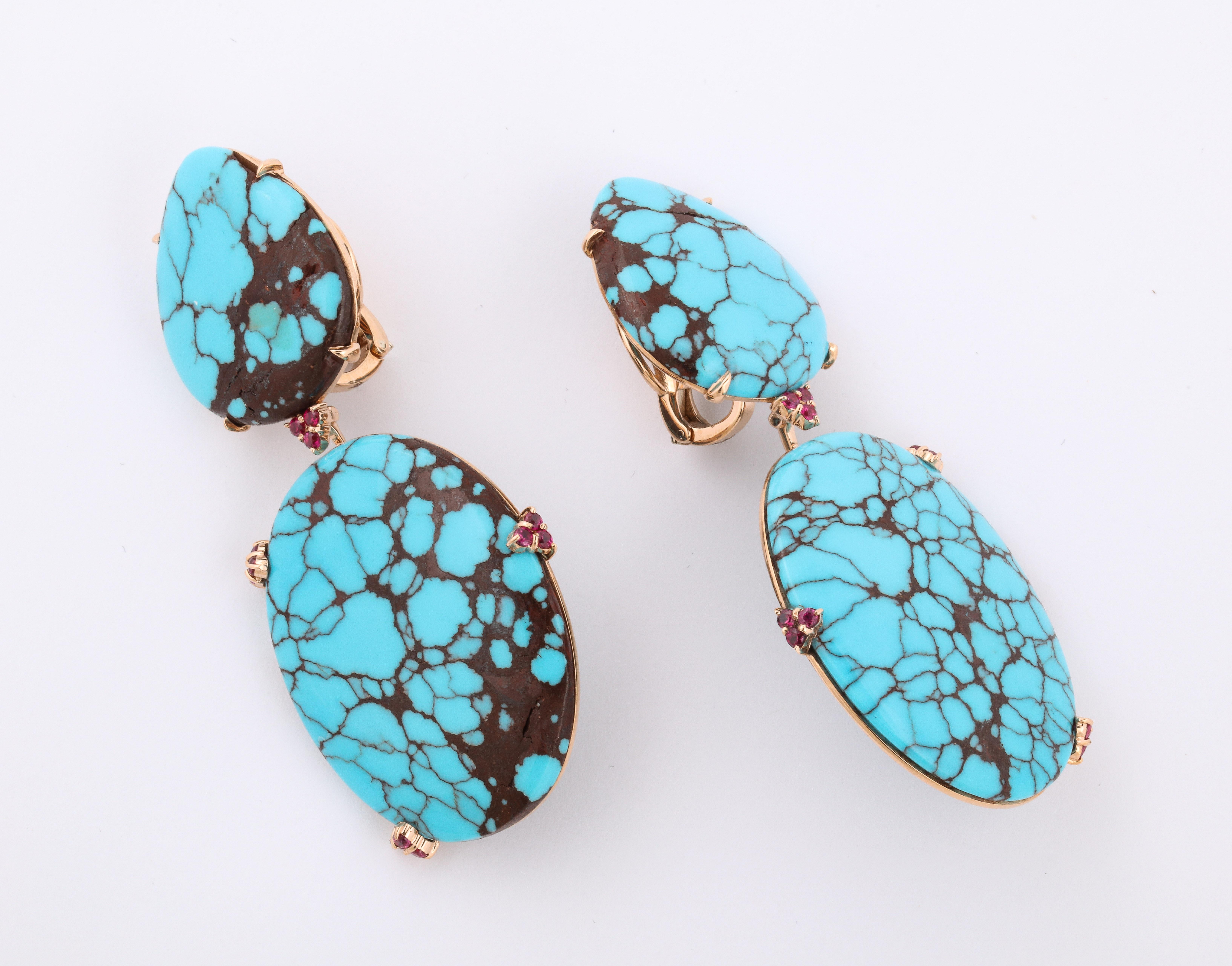 Round Cut Michael Kanners Natural Turquoise and Ruby Rose Gold Drop Earrings For Sale