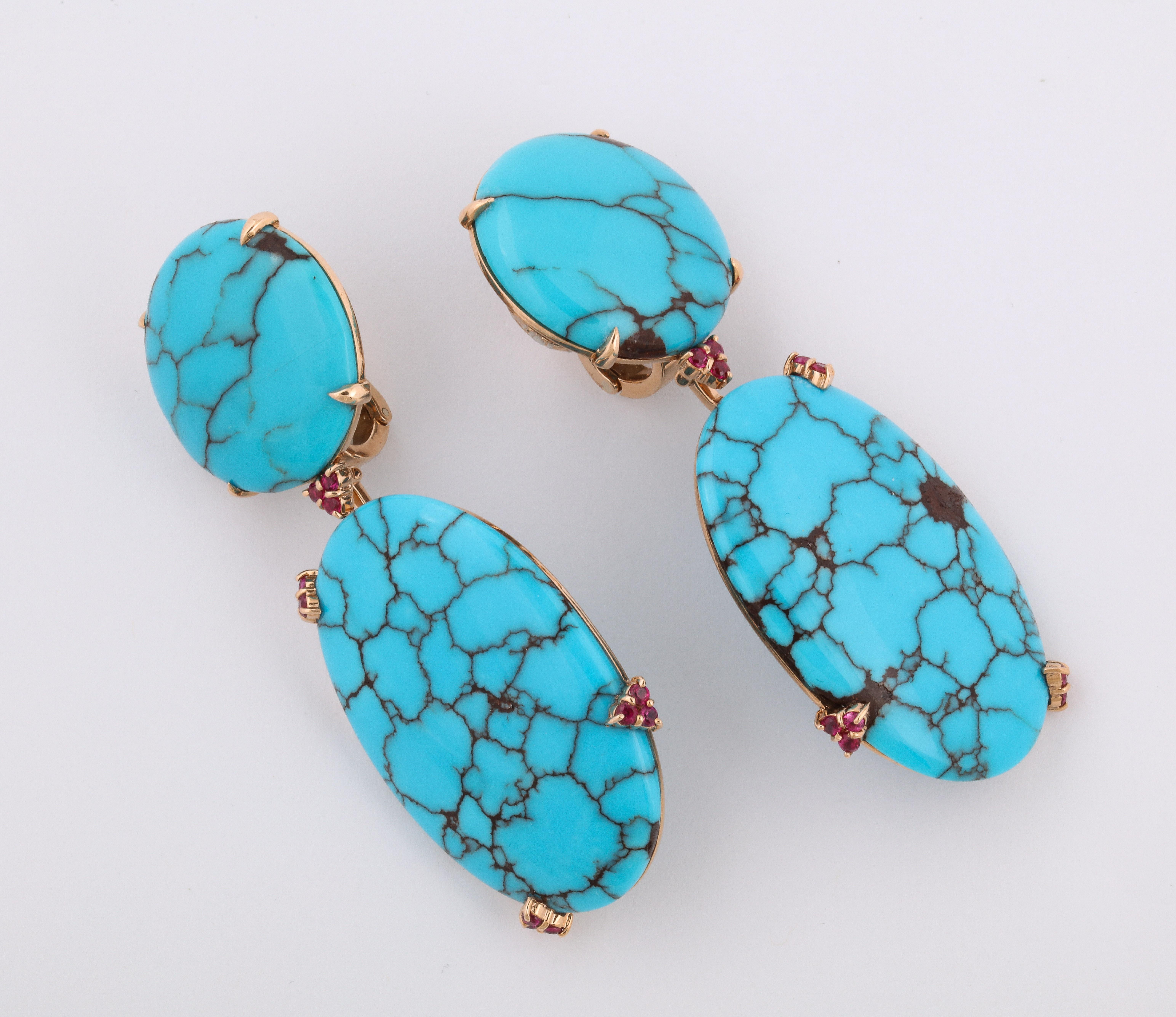 Round Cut Michael Kanners Natural Turquoise and Ruby Rose Gold Drop Earrings For Sale