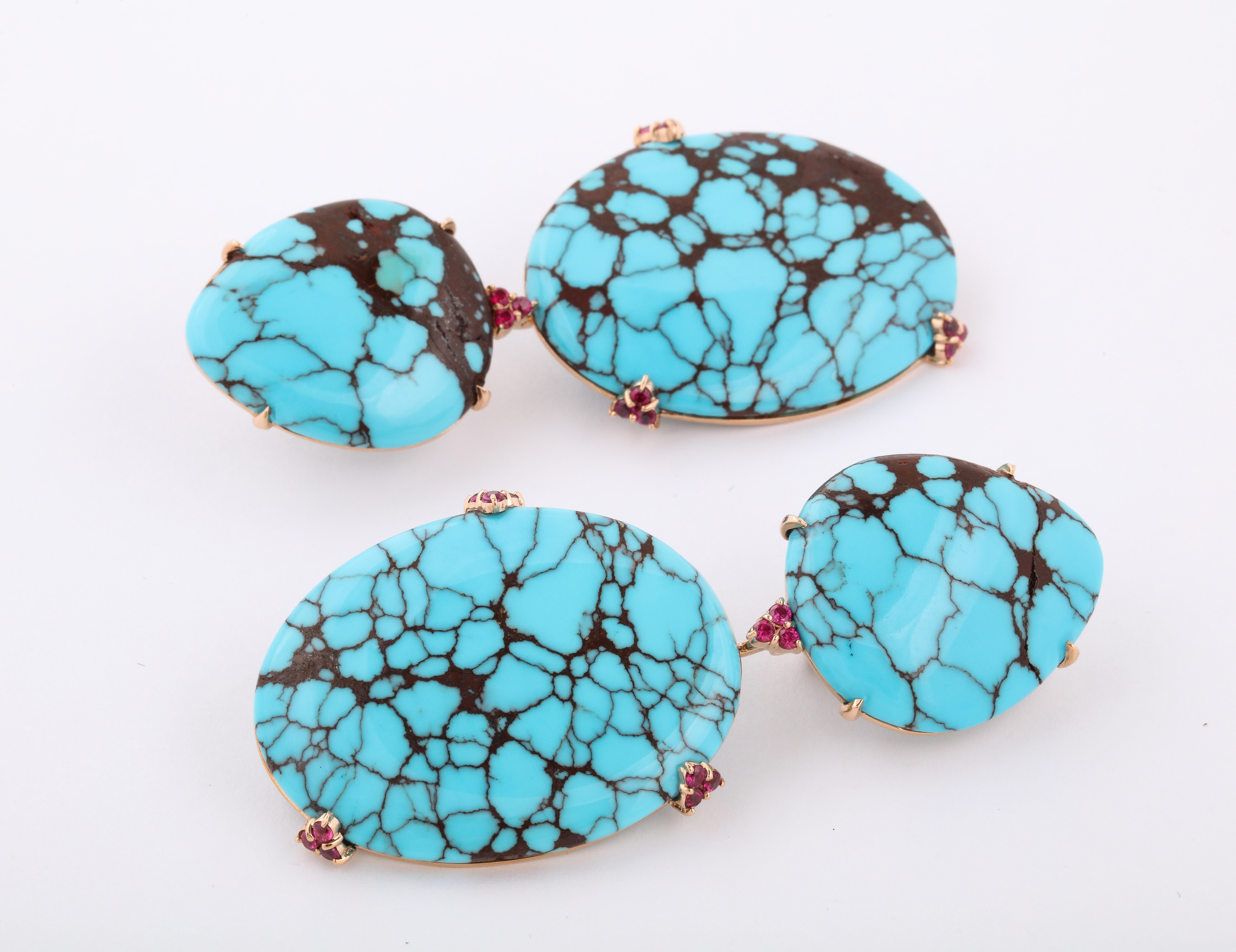Michael Kanners Natural Turquoise and Ruby Rose Gold Drop Earrings In New Condition For Sale In Bal Harbour, FL