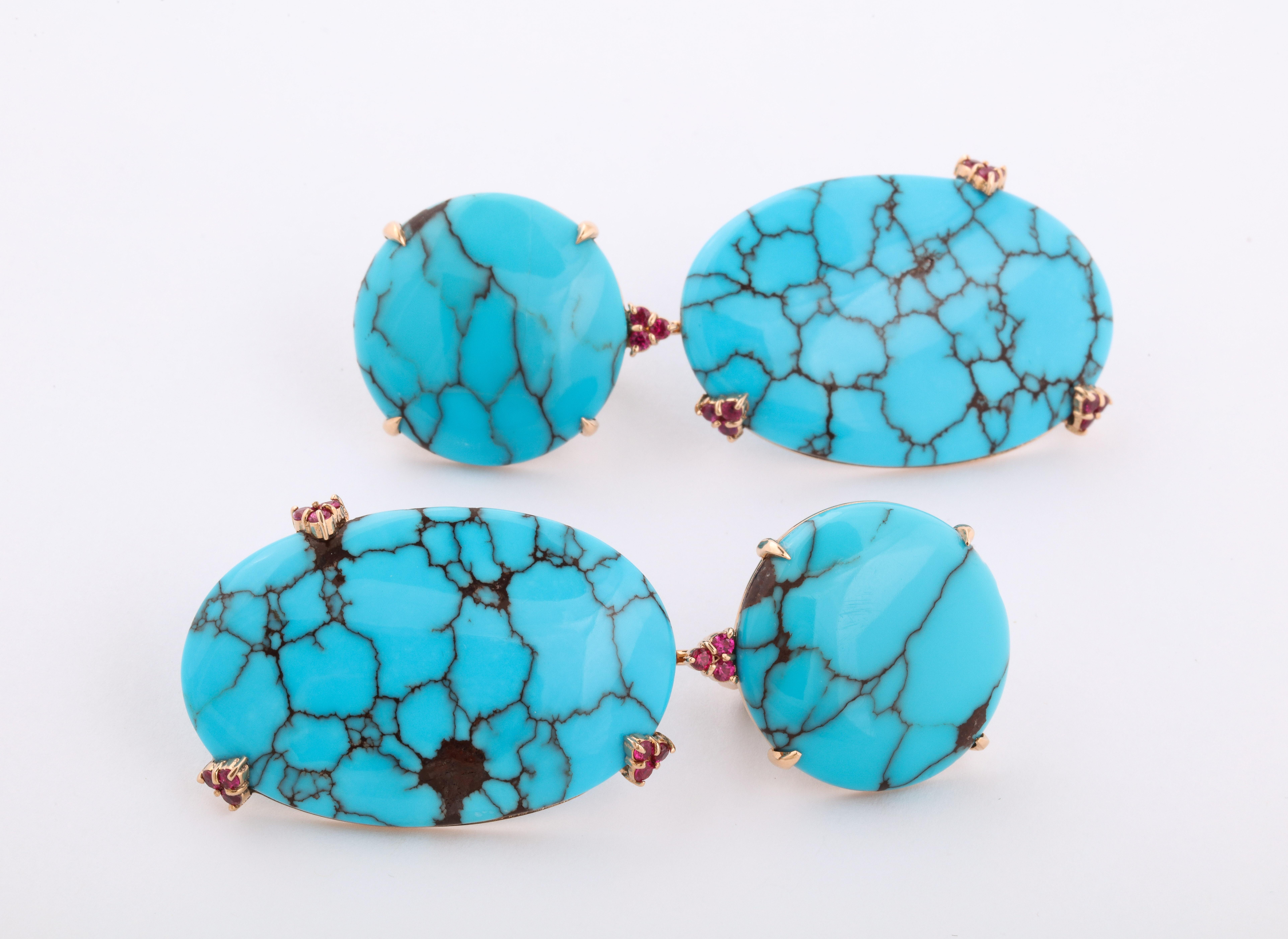 Michael Kanners Natural Turquoise and Ruby Rose Gold Drop Earrings In New Condition For Sale In Bal Harbour, FL