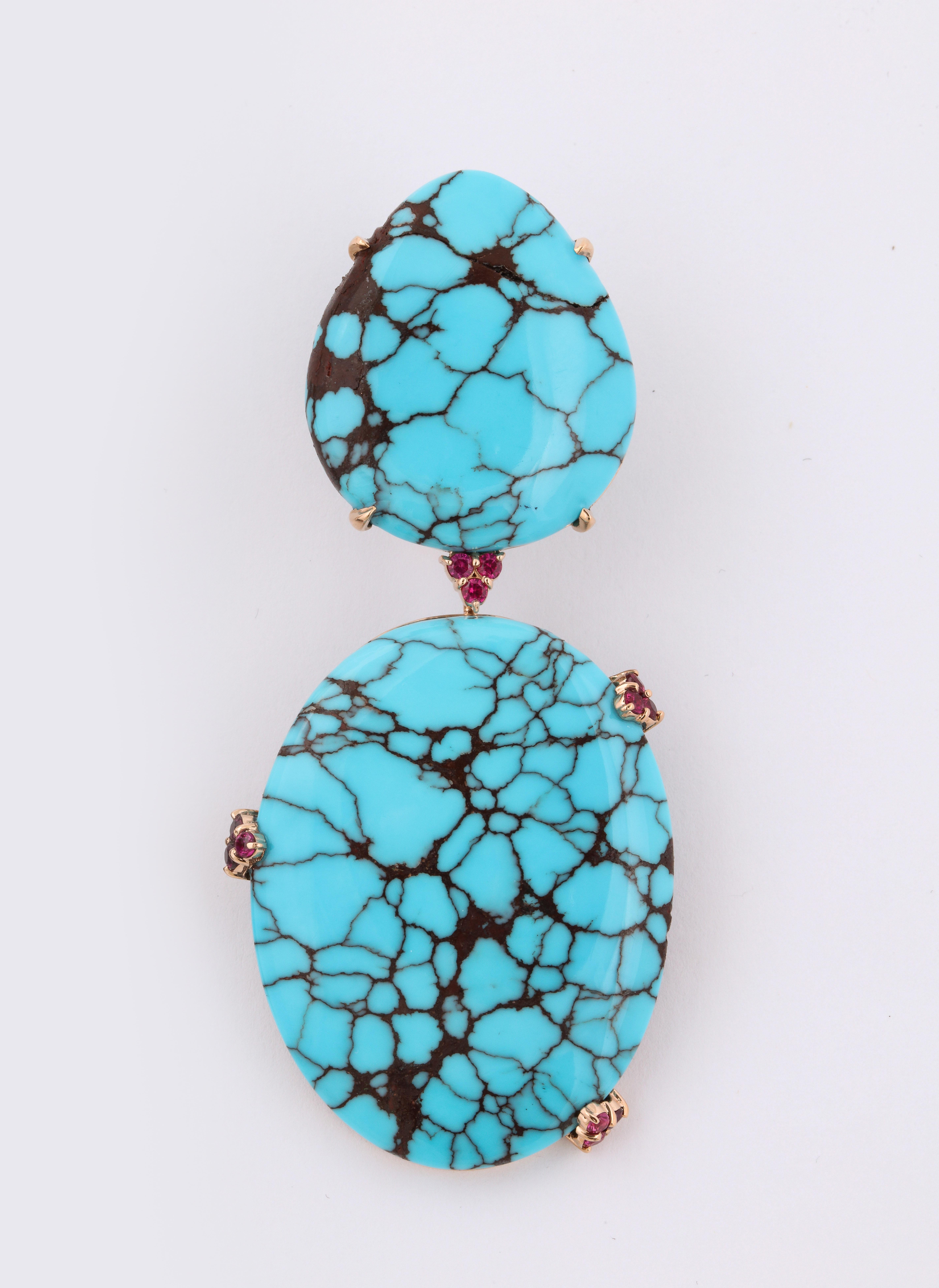 Women's or Men's Michael Kanners Natural Turquoise and Ruby Rose Gold Drop Earrings For Sale
