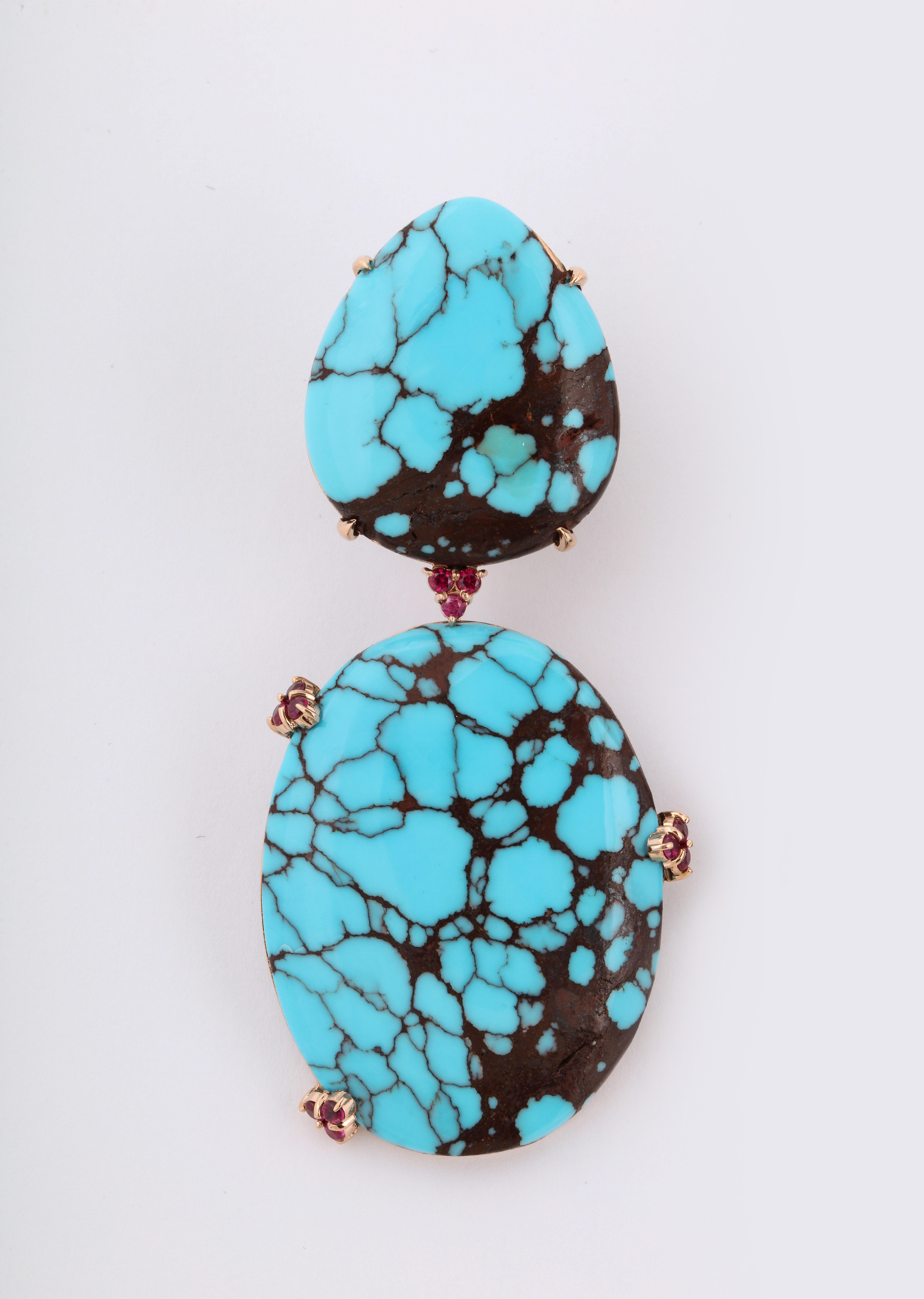 Michael Kanners Natural Turquoise and Ruby Rose Gold Drop Earrings For Sale 1