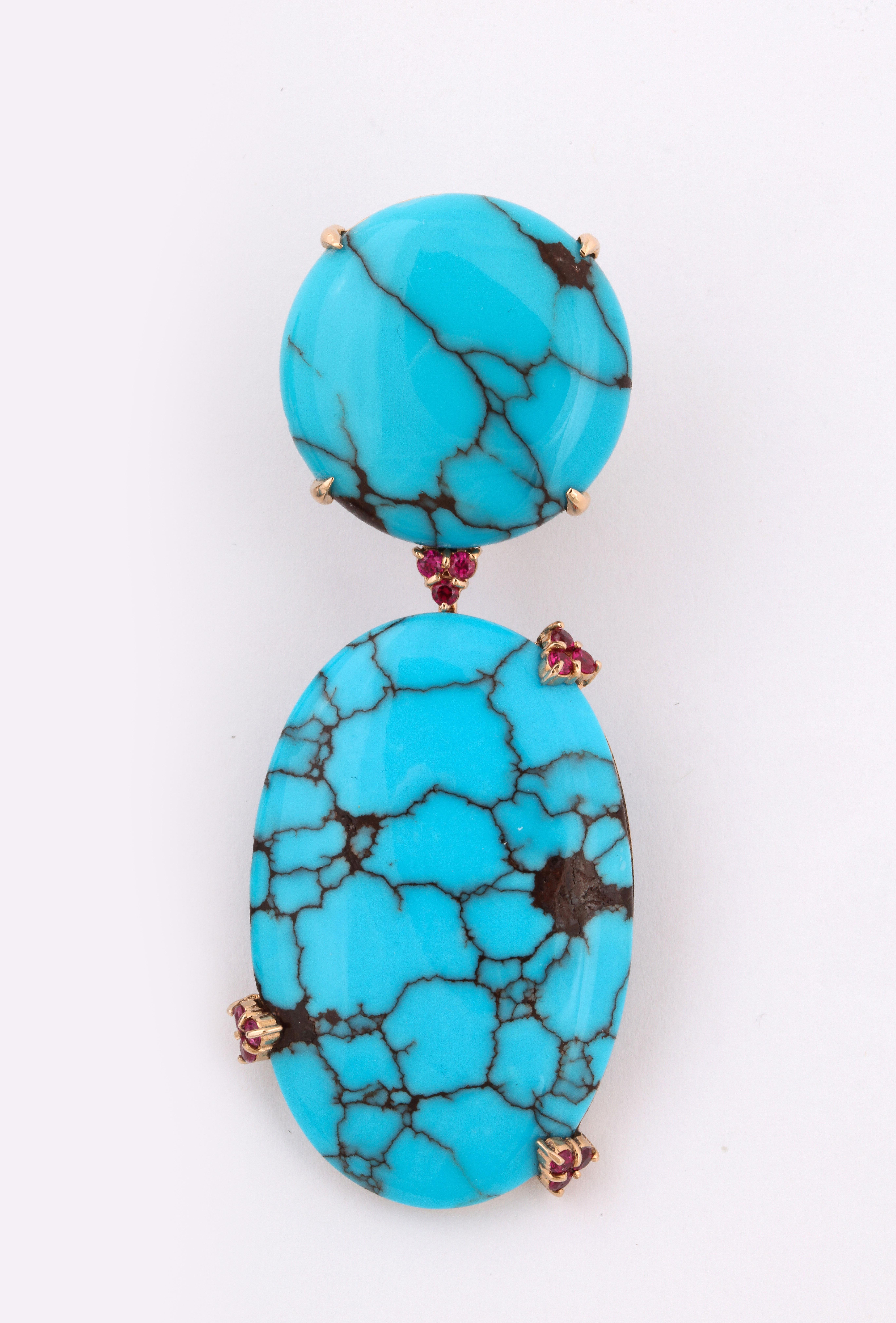 Michael Kanners Natural Turquoise and Ruby Rose Gold Drop Earrings For Sale 3