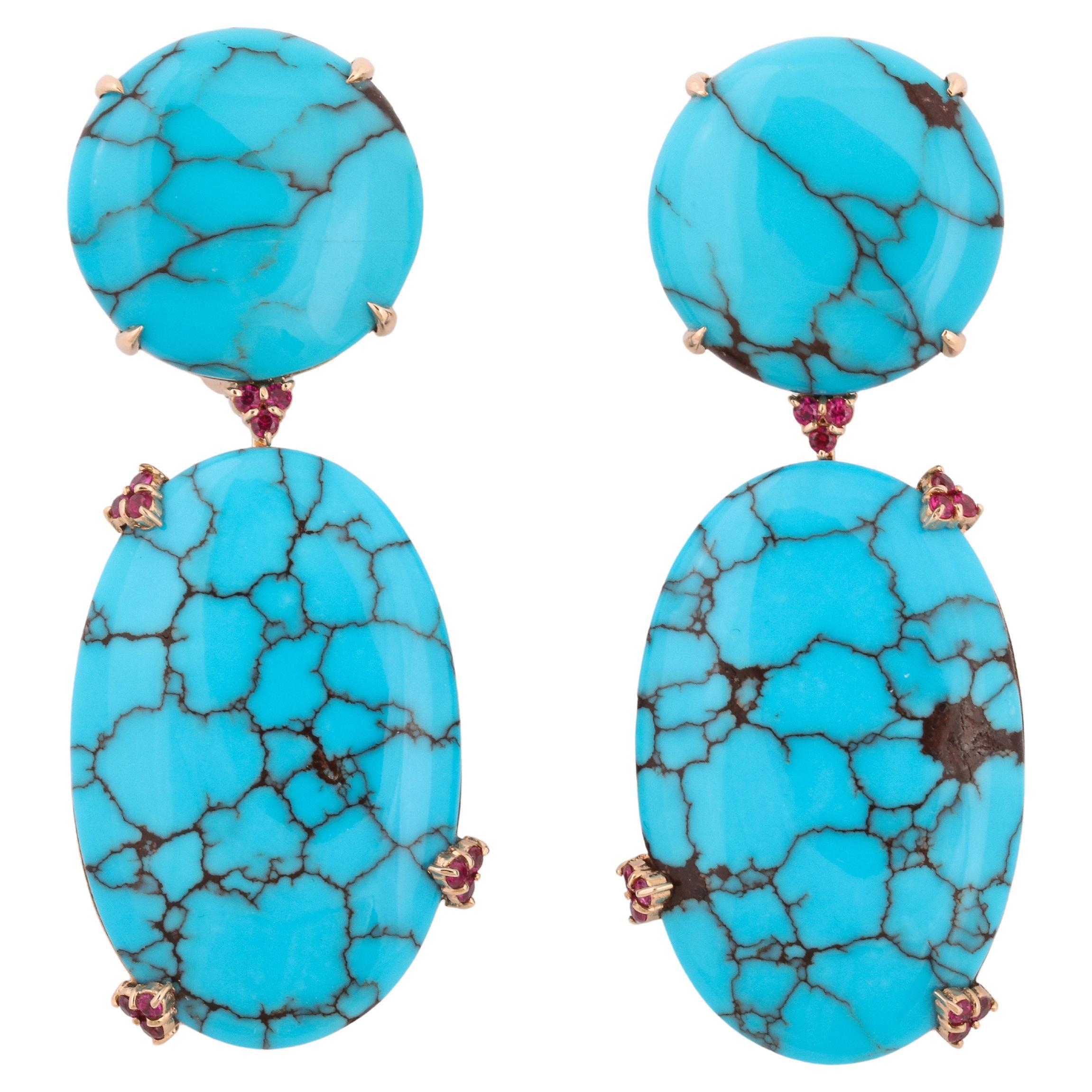 Michael Kanners Natural Turquoise and Ruby Rose Gold Drop Earrings