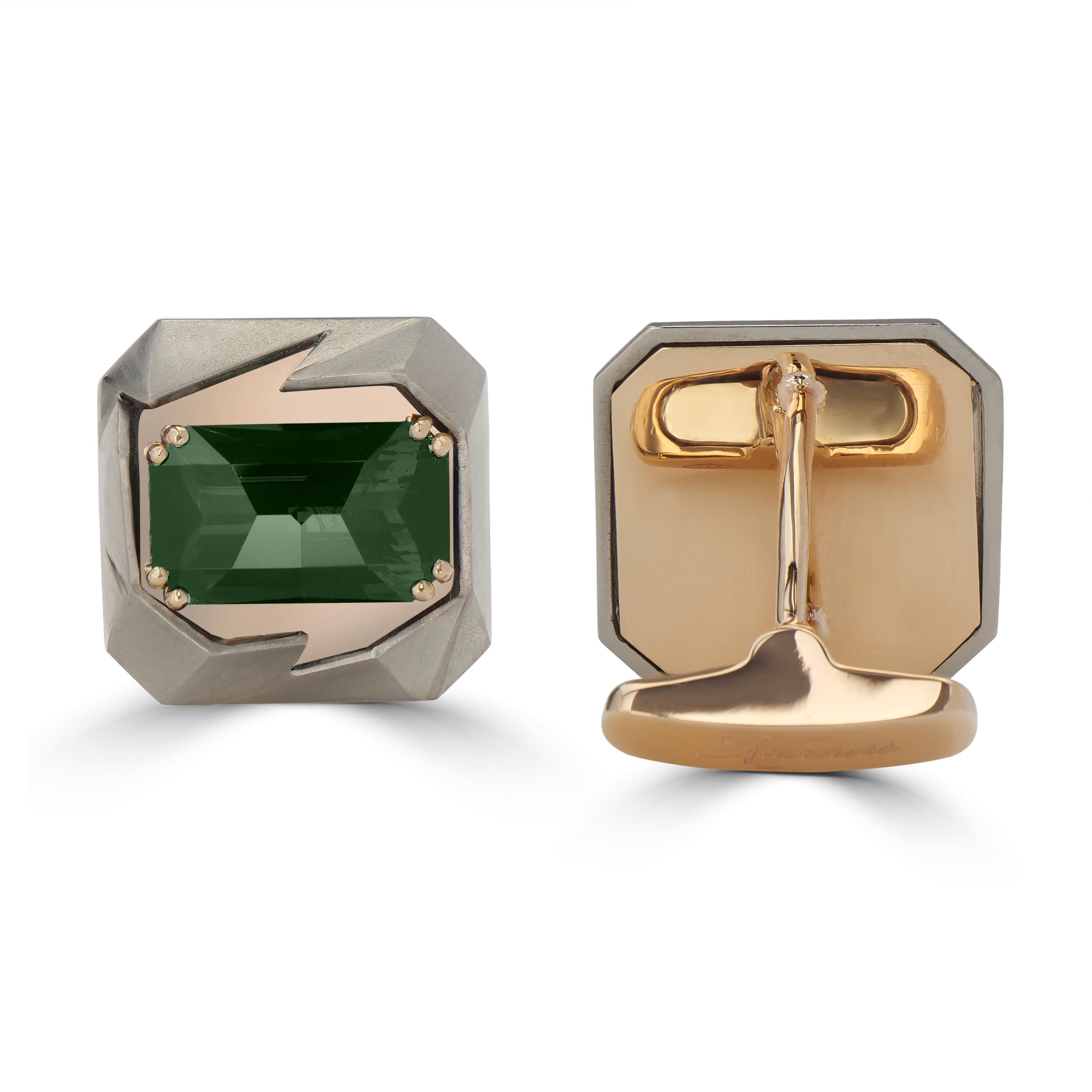 Michael Kanners Boutons de manchette en or rose et titane avec tourmaline verte taillée Precision en vente 4