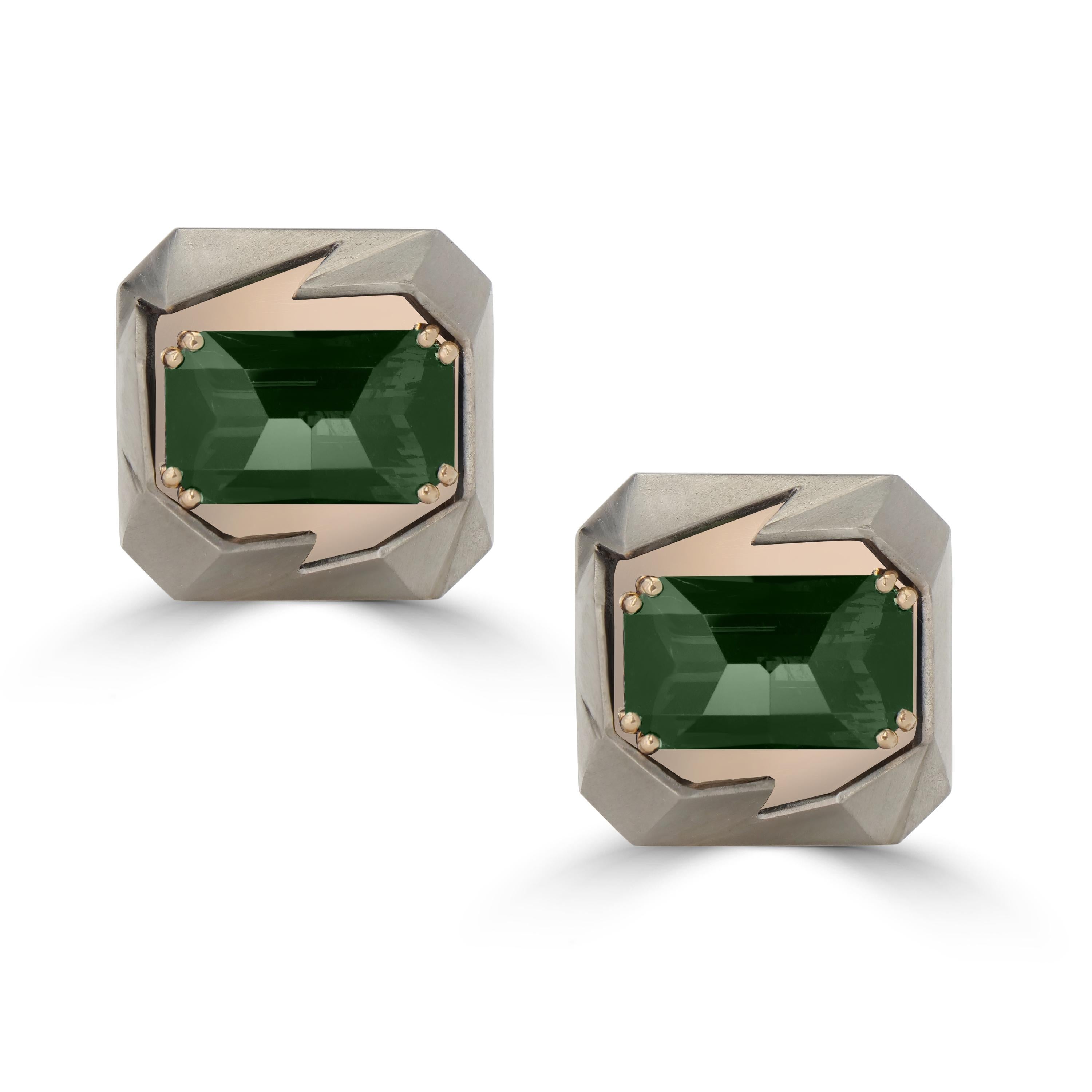 Modern Michael Kanners Precision Cut Green Tourmaline Titanium Rose Gold Cufflinks For Sale