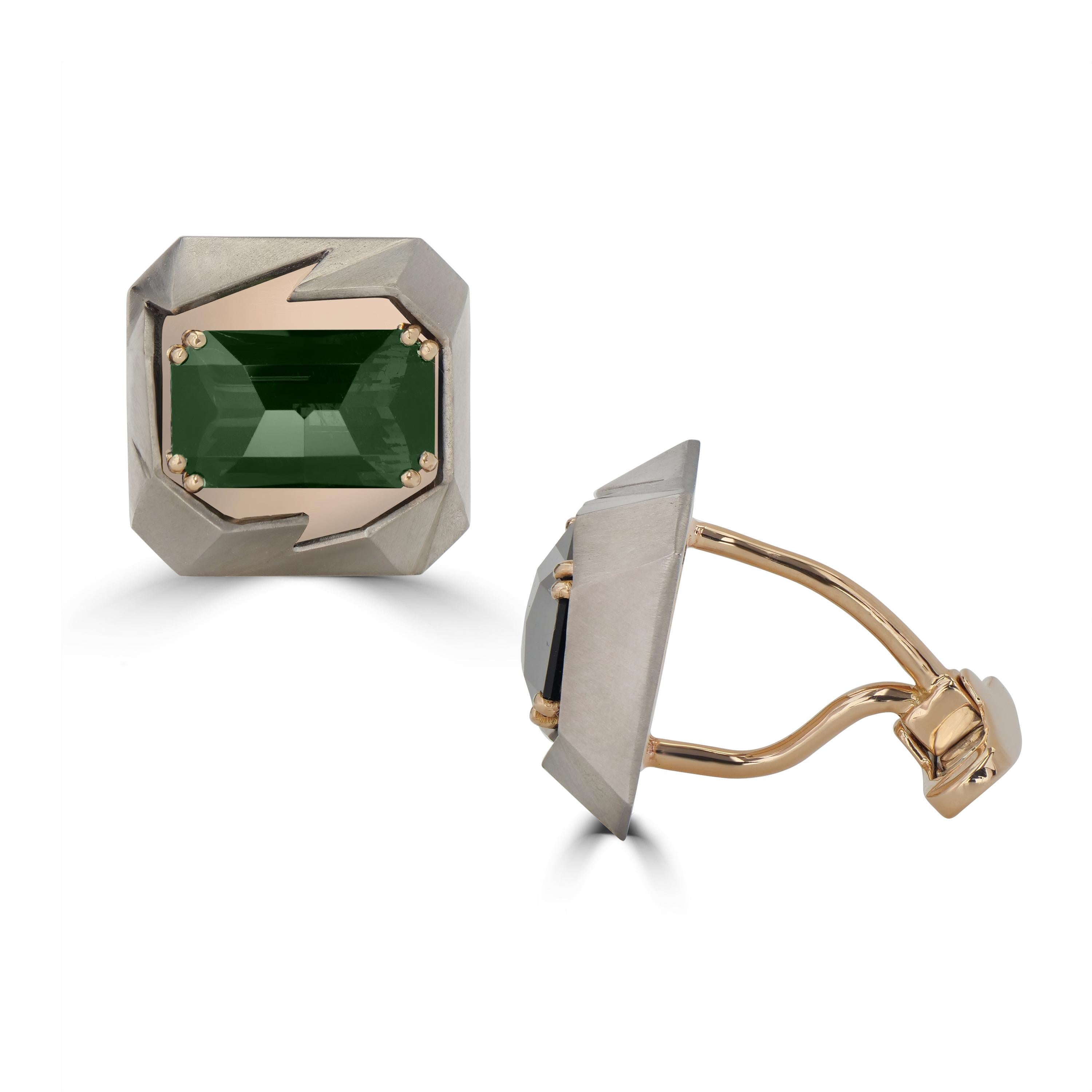 Michael Kanners Boutons de manchette en or rose et titane avec tourmaline verte taillée Precision 2